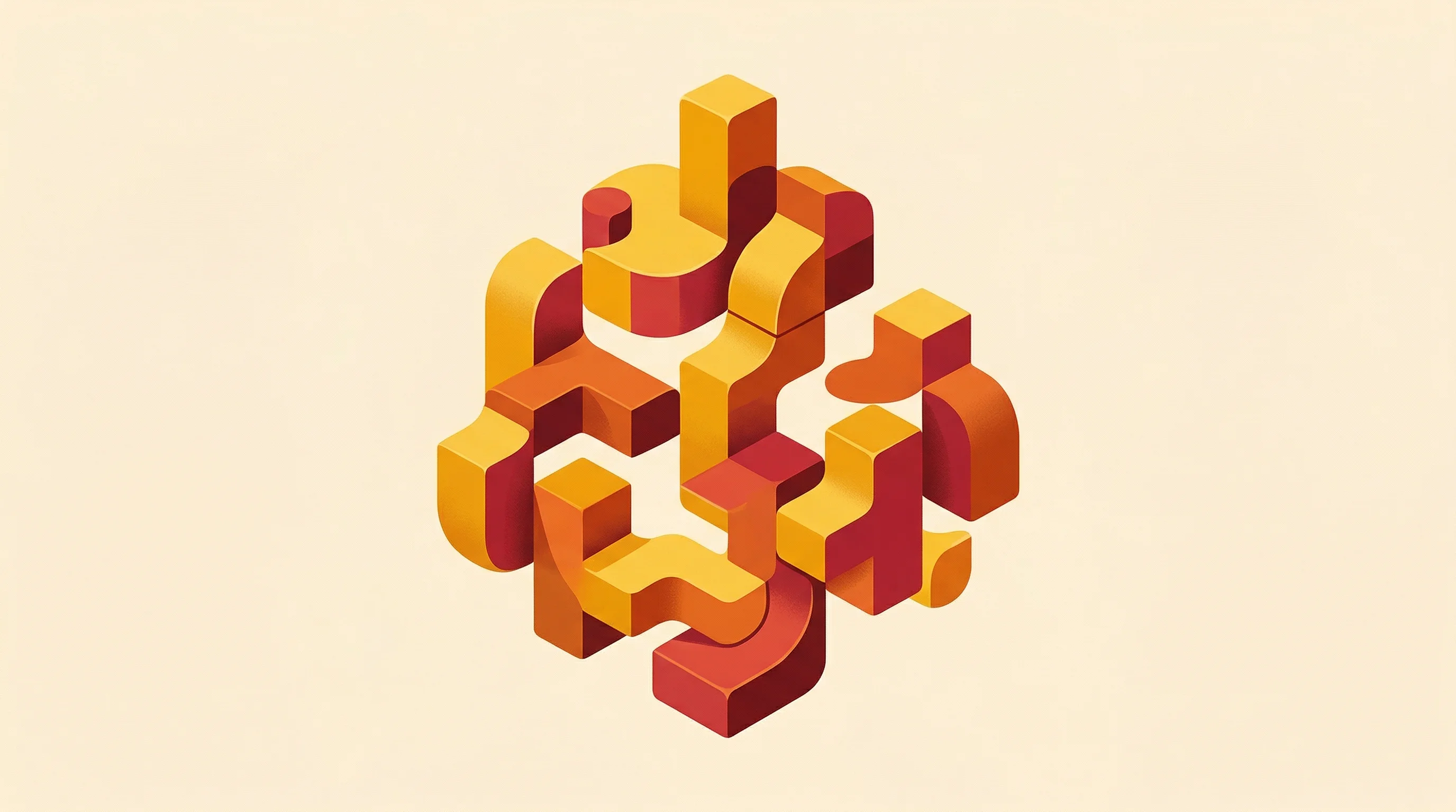 Digital illustration for article section "Elements: Pre-Fab Parts for the Prompt-Weary" in "Inside Hedra's AI Agent: Automating Content from Prompt to Platform" - A conceptual, minimalist illustration of modular building blocks and abstract geometric shapes seaml...