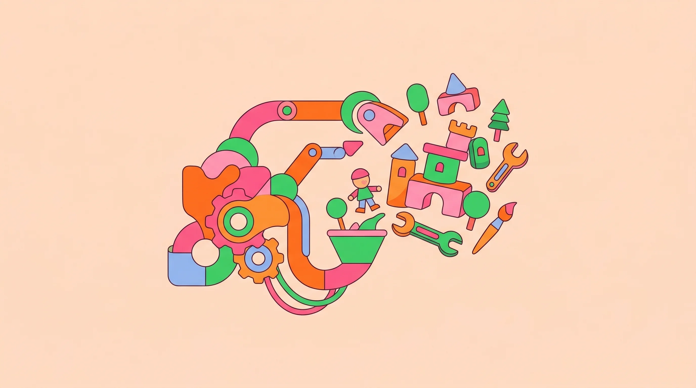 Digital illustration for article section "AI as the Creative Engine" in "Zynga Co-Founder Launches Play.fun: AI-Powered Gaming Platform" - A conceptual, modern illustration representing an AI creative engine building a playful game world, ...