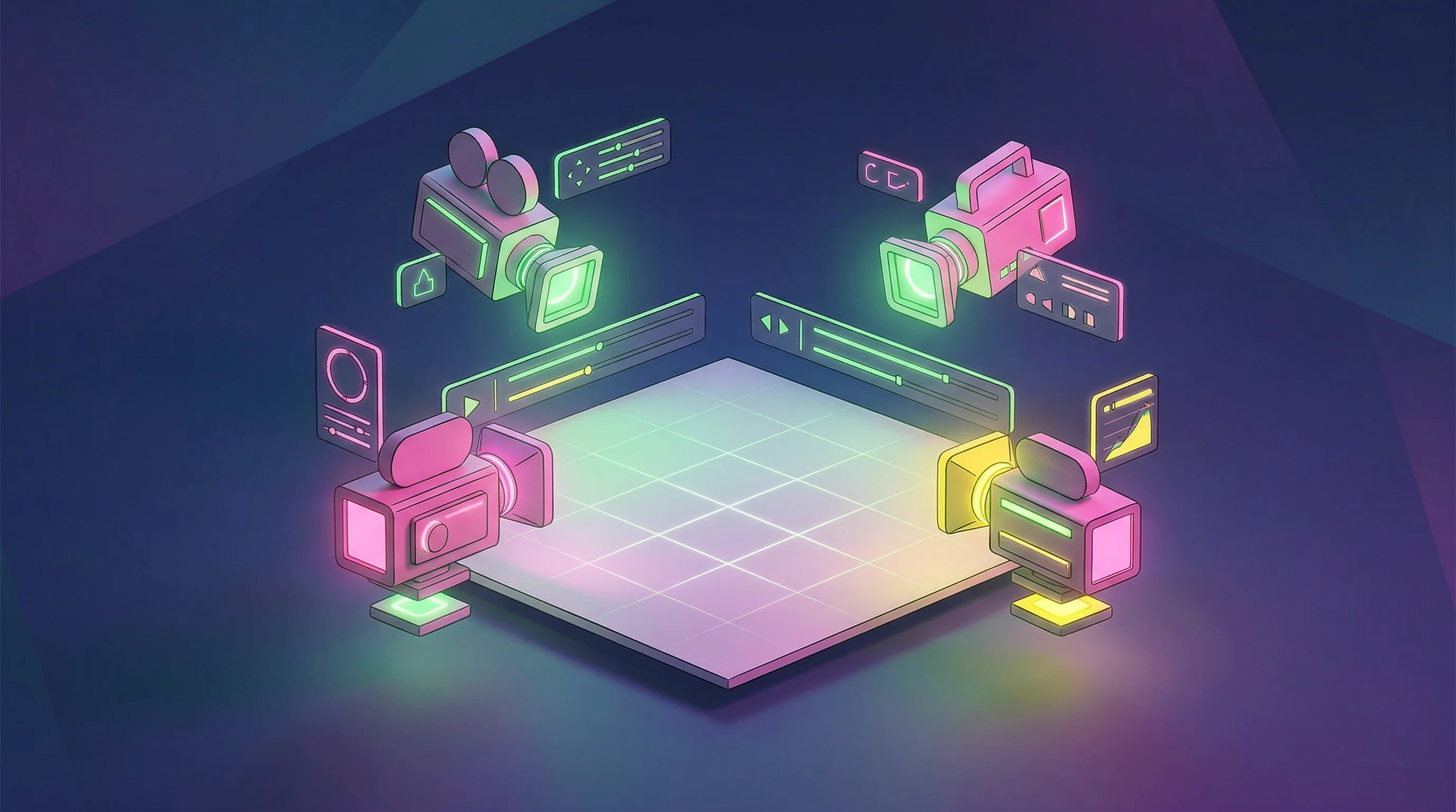 Digital illustration for article section "The Interface That Treats Video Like a Set" in "YC-Backed Martini Launches 'Film Set' Interface for AI Video Production" - A clean, minimalist conceptual representation of a next-generation 3D video editing workspace where ...