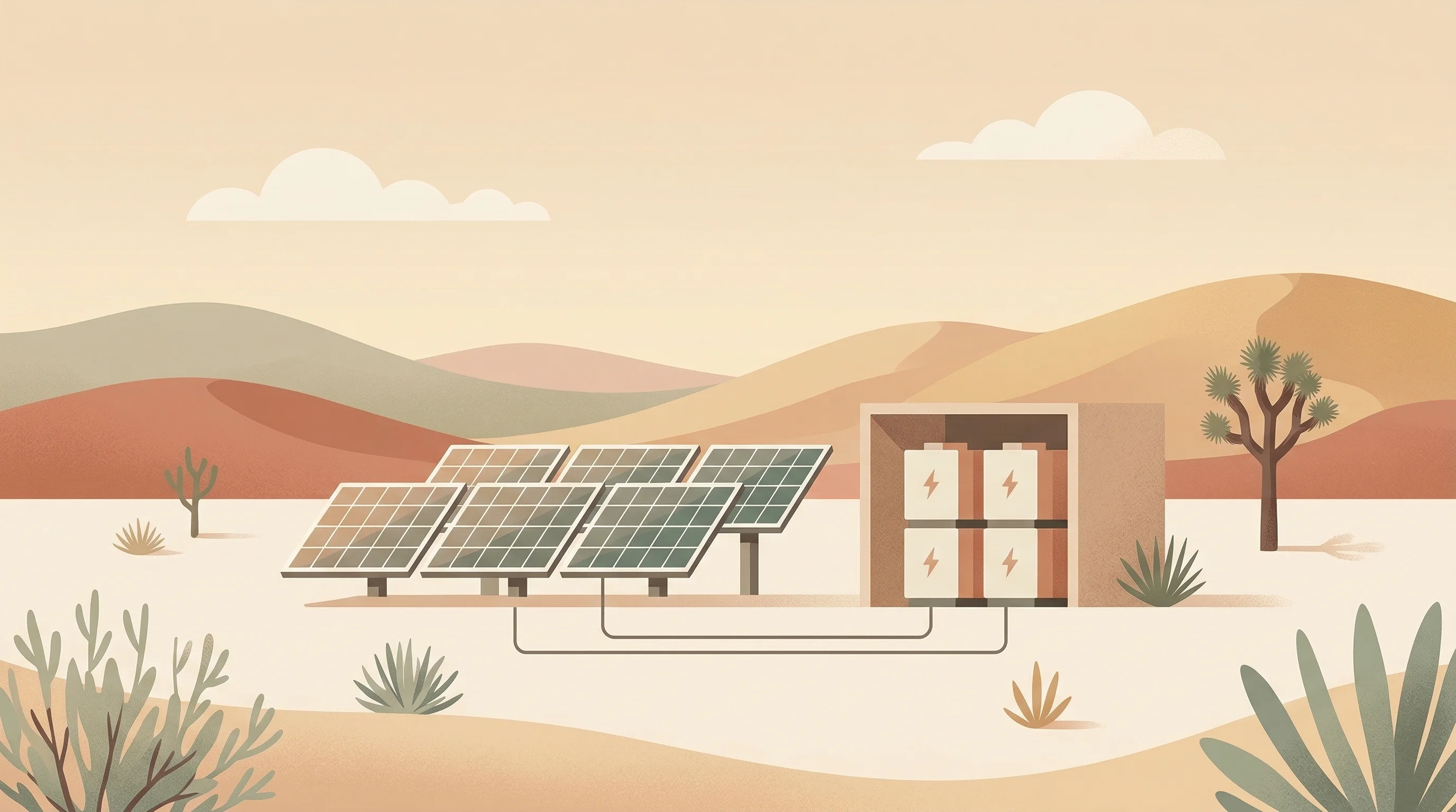 Digital illustration for article section "Plenty of Company in the Off-Grid Race" in "Voxel Energy Launches Off-Grid Solar Data Centers with Repurposed Batteries" - A serene, minimalist illustration of a modern off-grid energy oasis featuring a clean array of sleek...