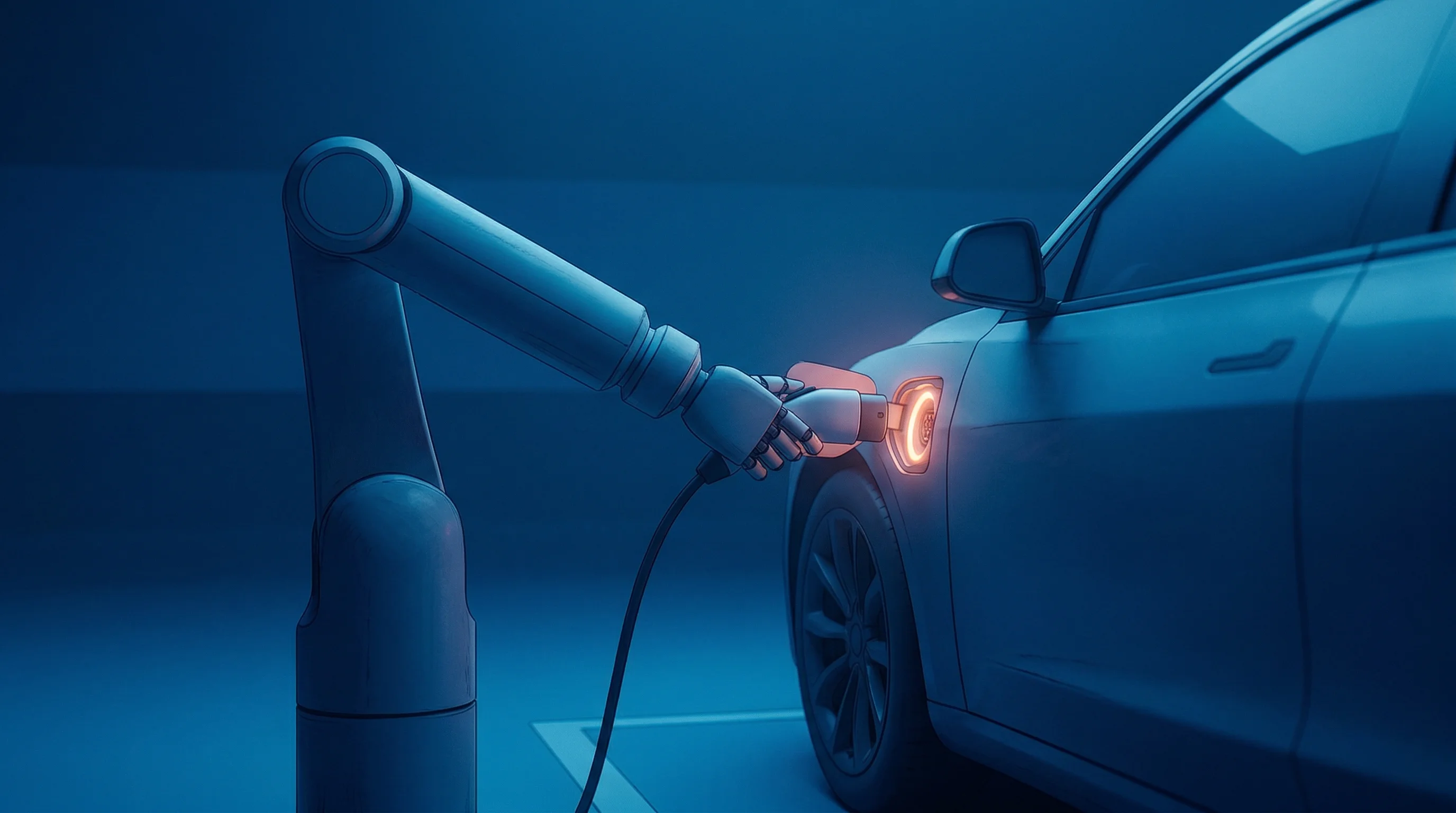 Digital illustration for article section "Retrofit Over Rebuild" in "RoboDock Debuts Robots to Automate Electric Fleet Charging" - A sleek, minimalist robotic arm seamlessly inserting a charging plug into the side of a modern elect...