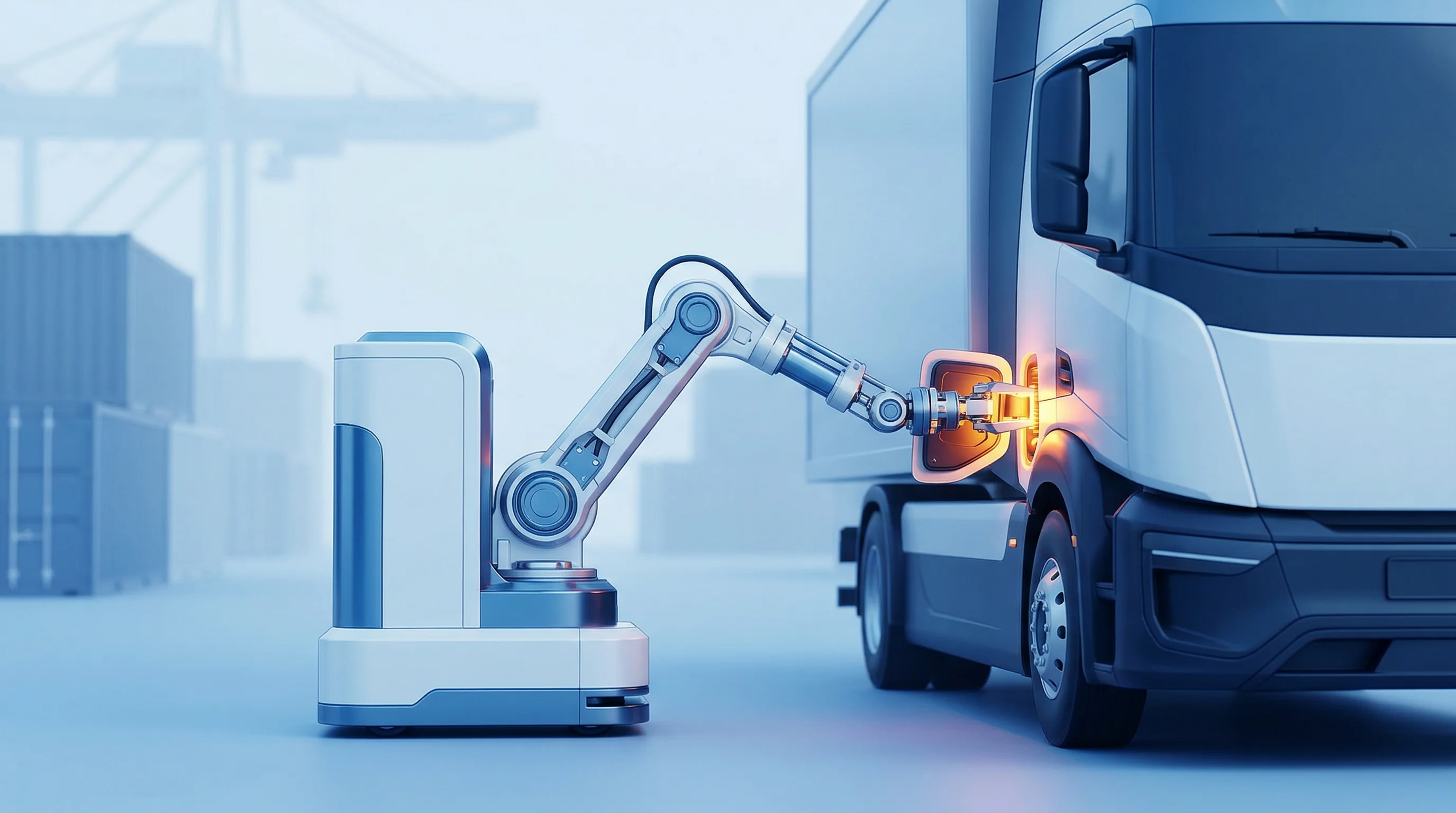 Digital illustration for article section "Not Exactly a Clear Field" in "RoboDock Debuts Robots to Automate Electric Fleet Charging" - A sleek, minimalist automated charging robot stationed in a modern logistics yard, extending a sophi...