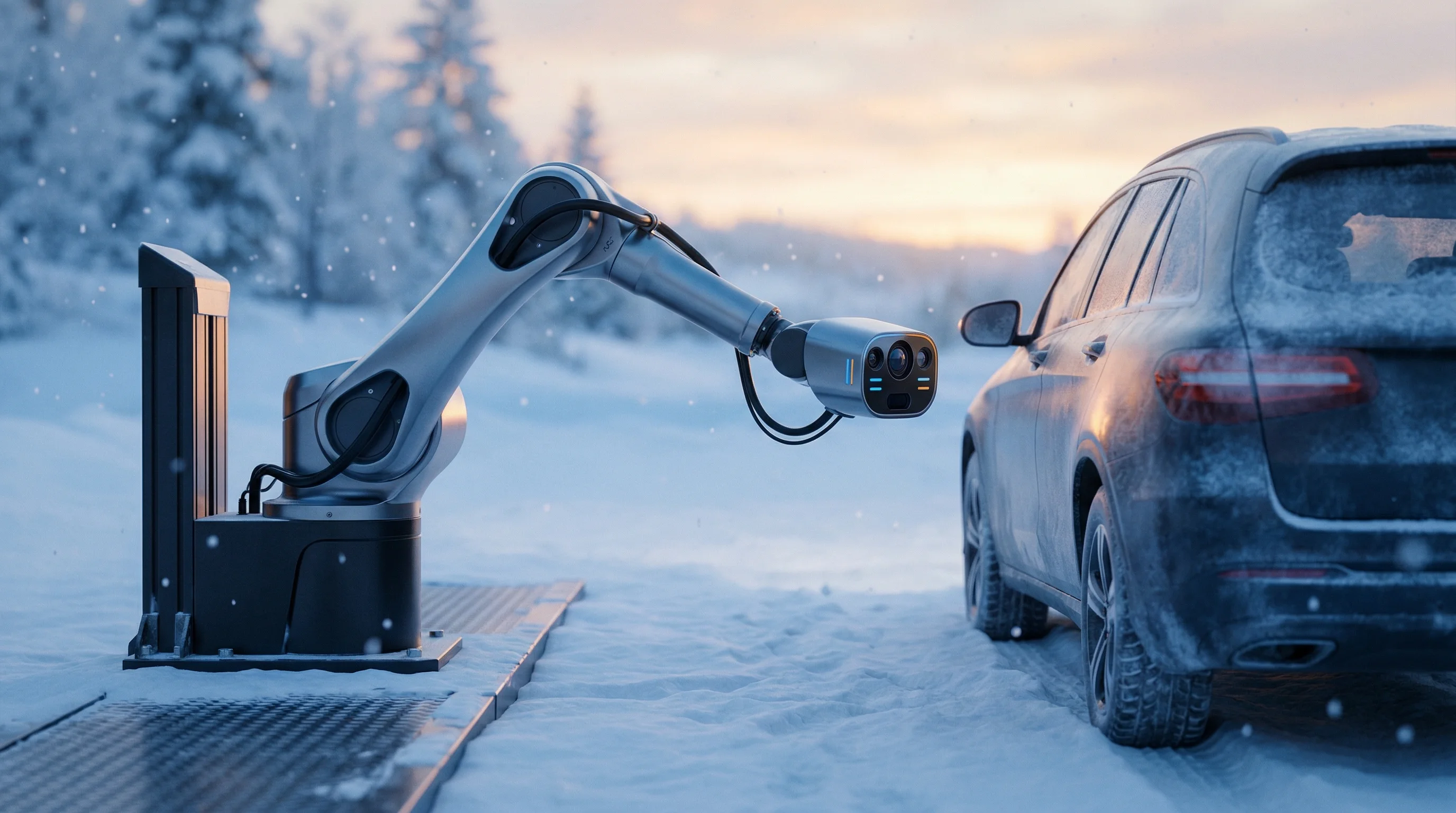 Digital illustration for article section "The Real Test Ahead" in "RoboDock Debuts Robots to Automate Electric Fleet Charging" - A clean, minimal composition featuring a sleek, modern robotic docking station extending toward a ge...