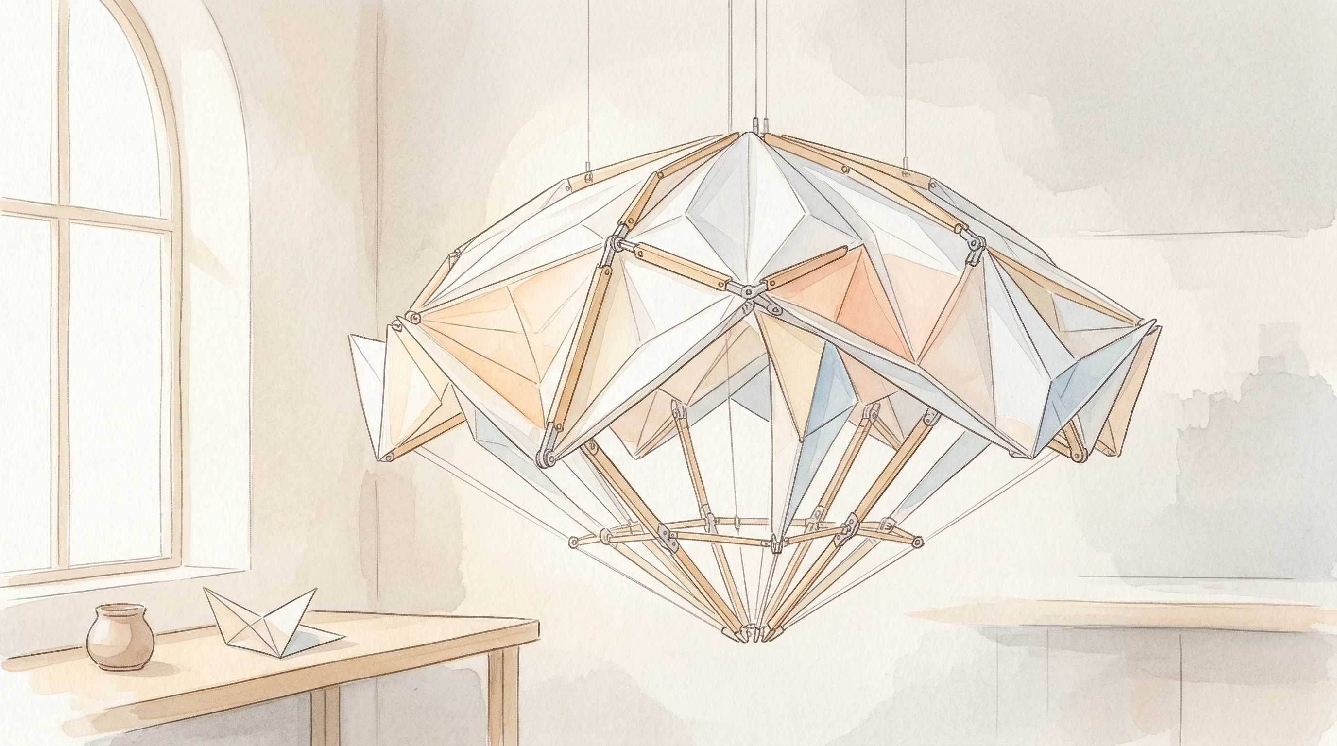 Digital illustration for article section "A Robotics Lab Spins Out" in "YC Startup's Self-Expanding Solar Arrays Target Space Power Boom" - A conceptual, minimalist illustration of an elegant, origami-inspired deployable robotic structure g...