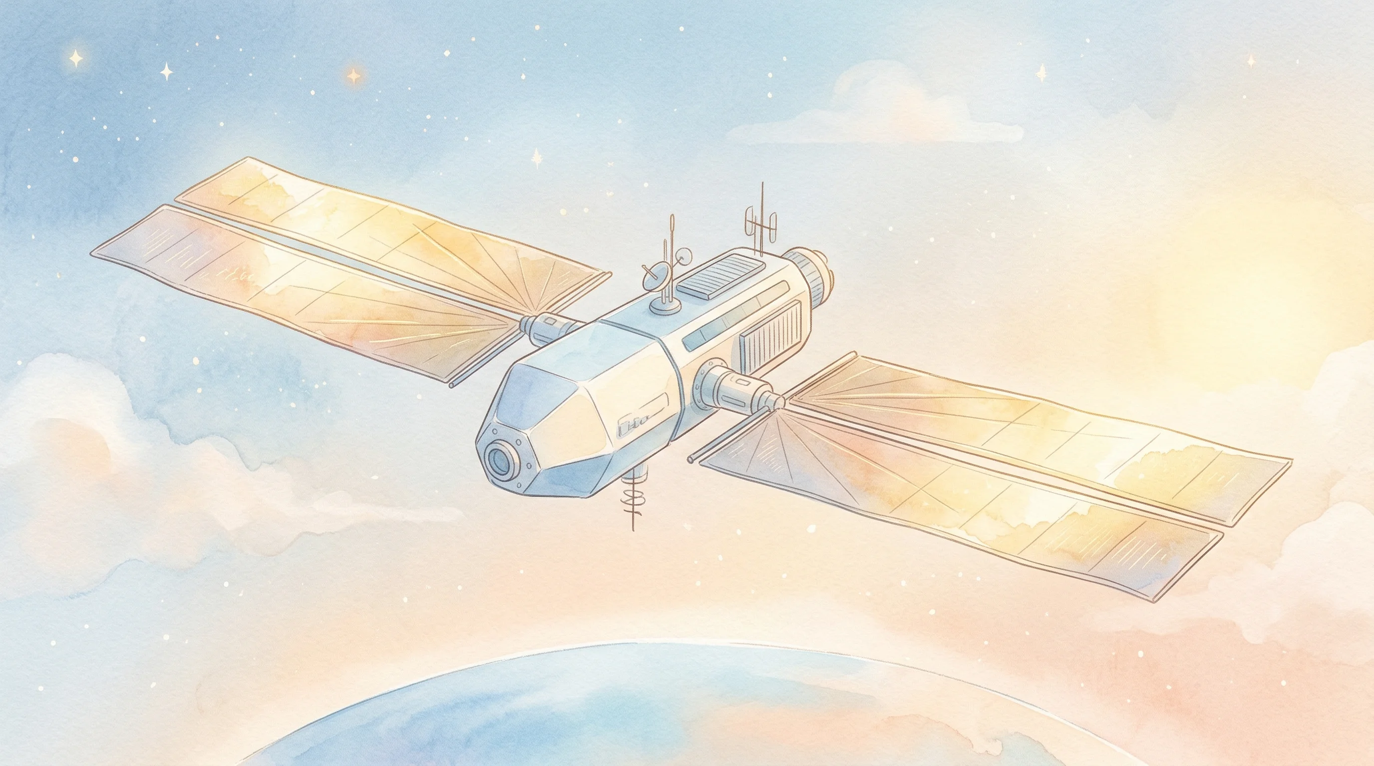 Digital illustration for article section "The Market That Might Exist" in "YC Startup's Self-Expanding Solar Arrays Target Space Power Boom" - A minimalist, conceptual illustration of a futuristic orbital data center floating gracefully in the...