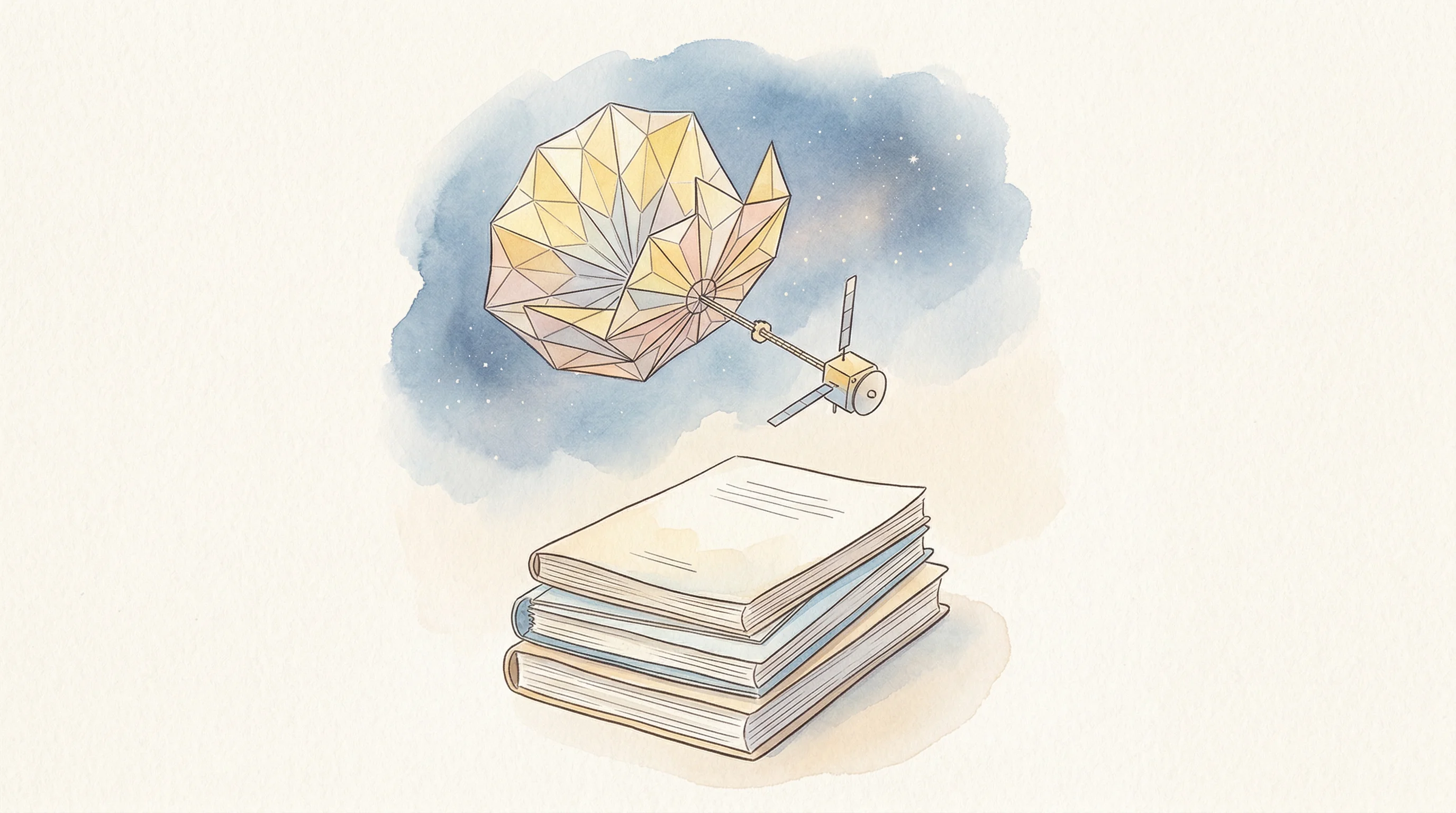 Digital illustration for article section "Flight Heritage and the Skepticism It Earns" in "YC Startup's Self-Expanding Solar Arrays Target Space Power Boom" - A conceptual, minimalist watercolor illustration of a high-expansion deployable space structure, res...