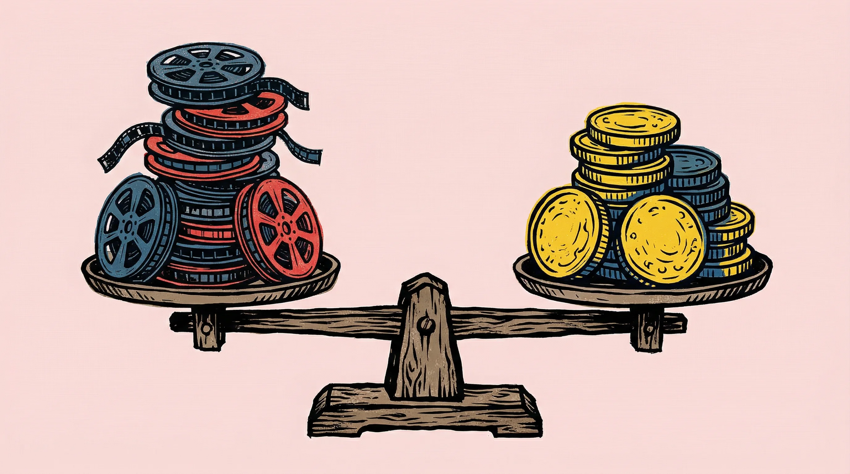 Digital illustration for article section "The Economics Are Tricky" in "The Race to Build Infrastructure for AI Video Models" - A minimalist, conceptual illustration of a traditional merchant's balancing scale weighing a towerin...