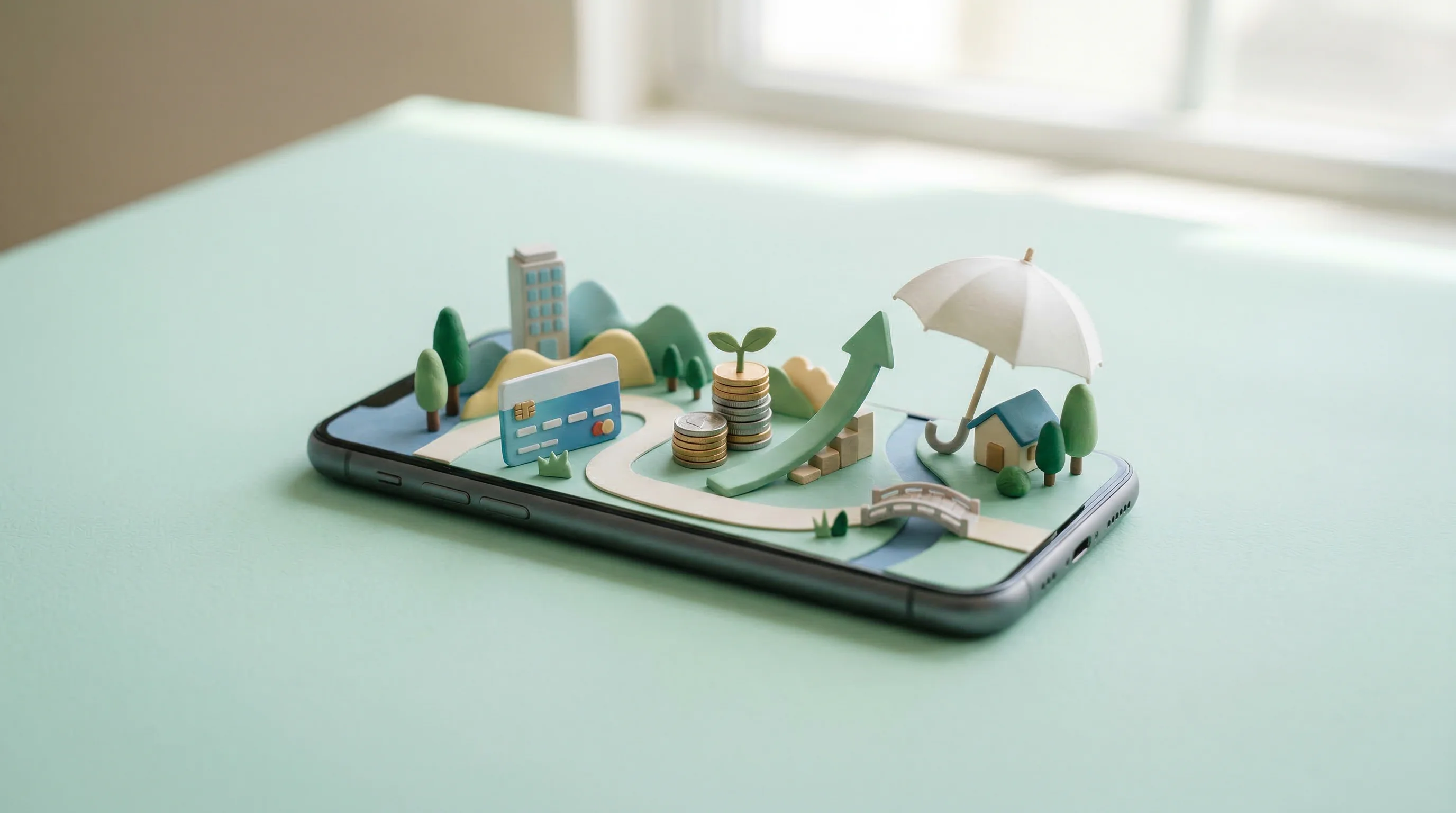 Digital illustration for article section "The Everything Strategy" in "Chime vs Nubank: Two Paths to Neobank Profitability in 2026" - A sleek, modern smartphone rests on a soft, uncluttered pastel background, serving as the foundation...