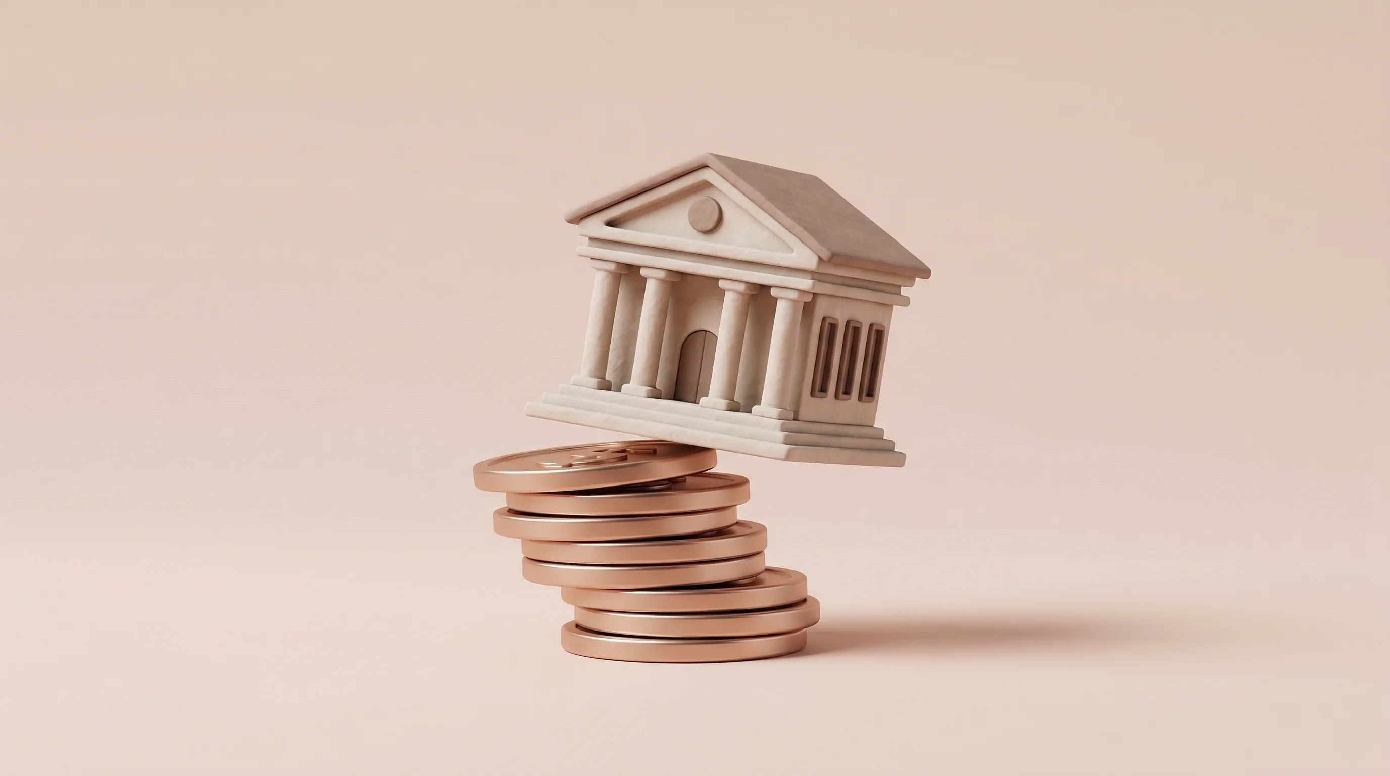Digital illustration for article section "Risks Neither Company Likes to Discuss" in "Chime vs Nubank: Two Paths to Neobank Profitability in 2026" - A conceptual, minimalist 3D rendering of a stylized miniature bank building balanced precariously on...