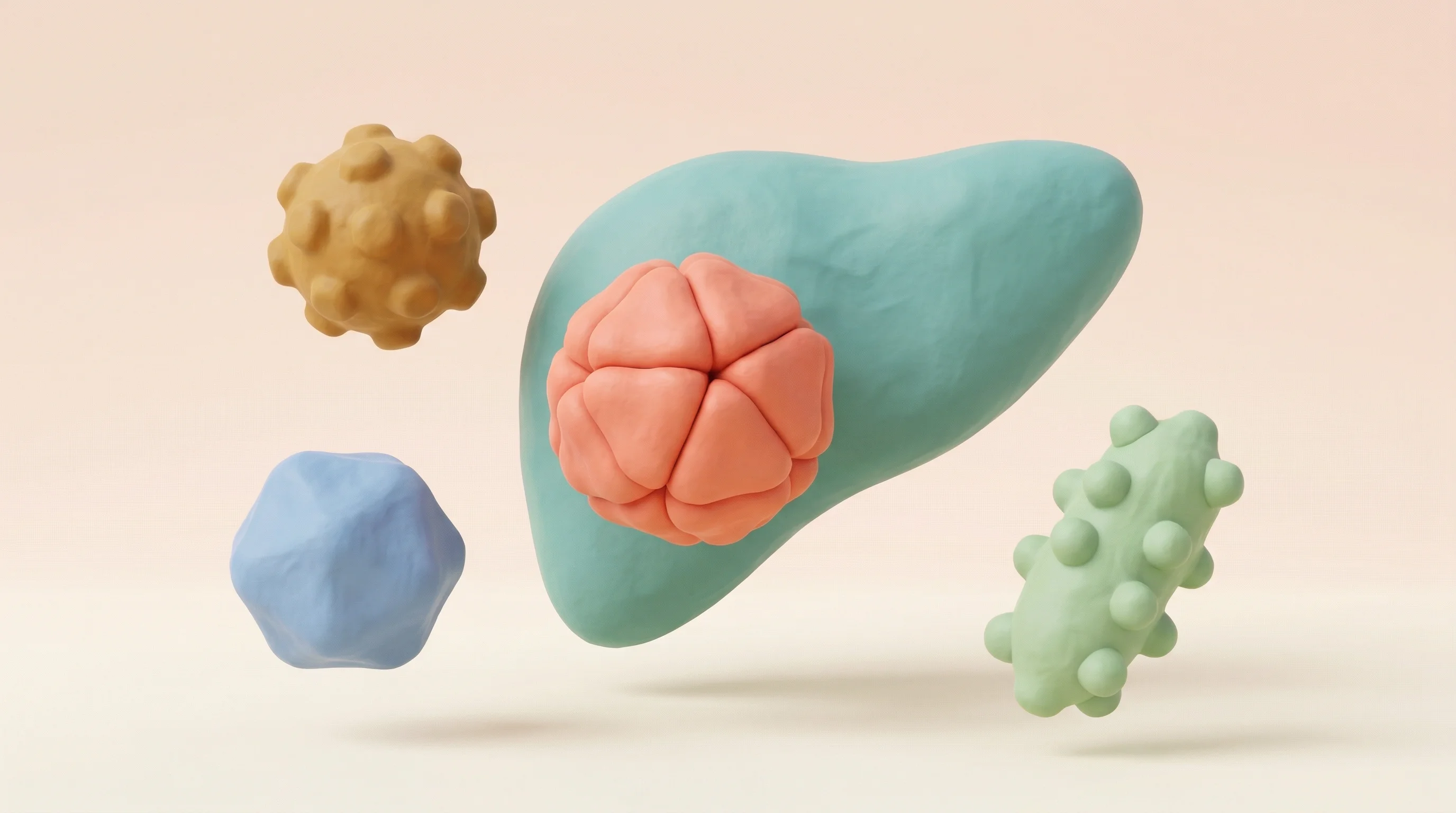 Digital illustration for article section "A Crowded but Not Winner-Take-All Field" in "AI Designs DNA 'Switches' to Make Gene Therapies Safer" - A minimalist 3D clay rendering of several distinct, stylized viral protein shells, representing AAV ...