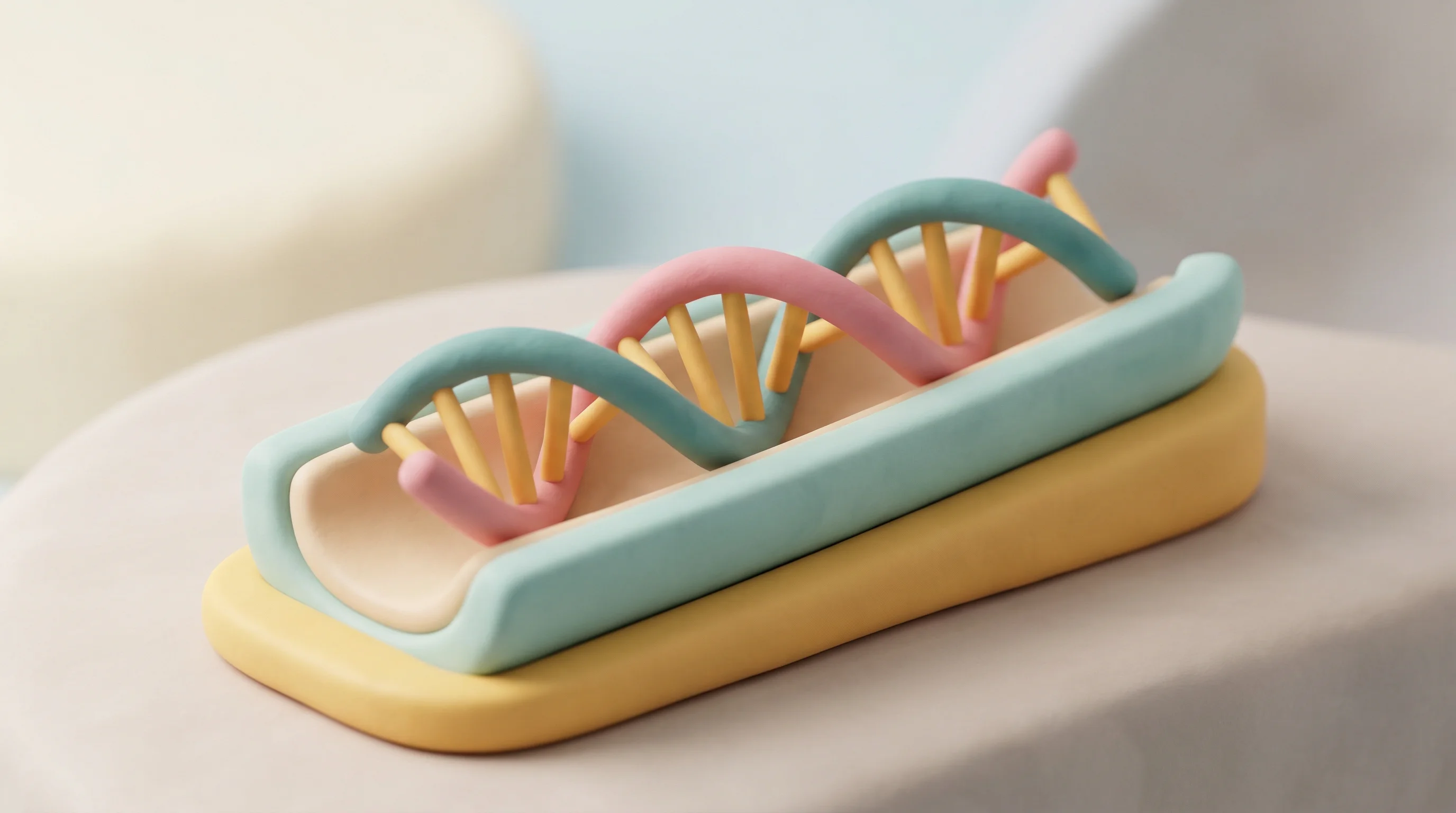 Digital illustration for article section "Chastened but Not Broken" in "AI Designs DNA 'Switches' to Make Gene Therapies Safer" - A minimalist 3D clay rendering of a single, thick, stylized DNA helix resting securely on a smooth, ...