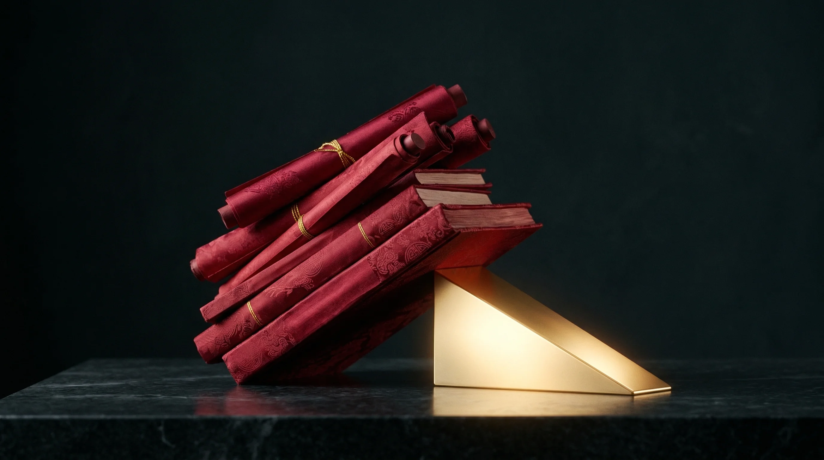 Digital illustration for article section "Wedging Into a Fragile Market" in "Kled AI Raises $5.5M to License Hollywood Content for AI Training" - A conceptual, modern minimalist composition symbolizing the stabilization of a fragile market, featu...