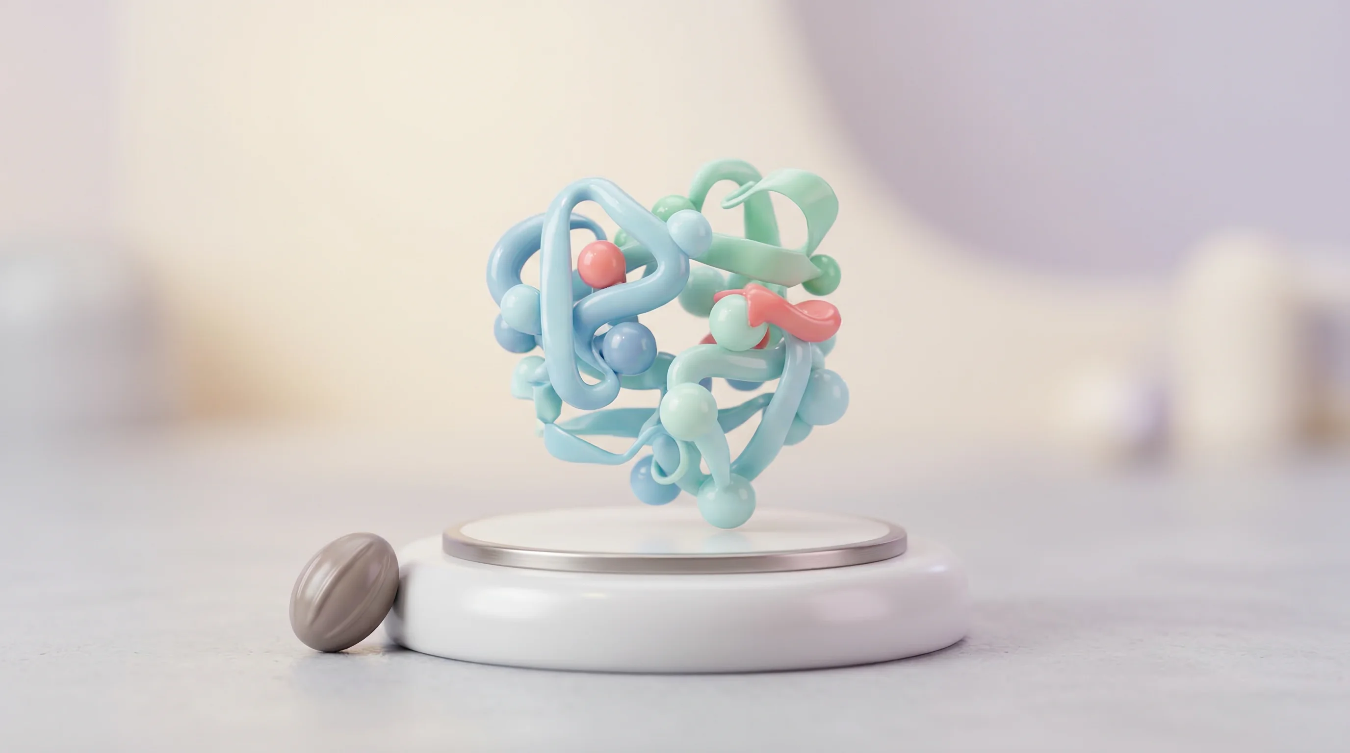Digital illustration for article section "From Parasitology PhD to YC Pitch" in "Mining Parasite Evolution: YC-Backed Ditto Bio's Autoimmune Gambit" - A clean, minimalistic 3D cartoon miniature model scene featuring a highly stylized, abstract protein...