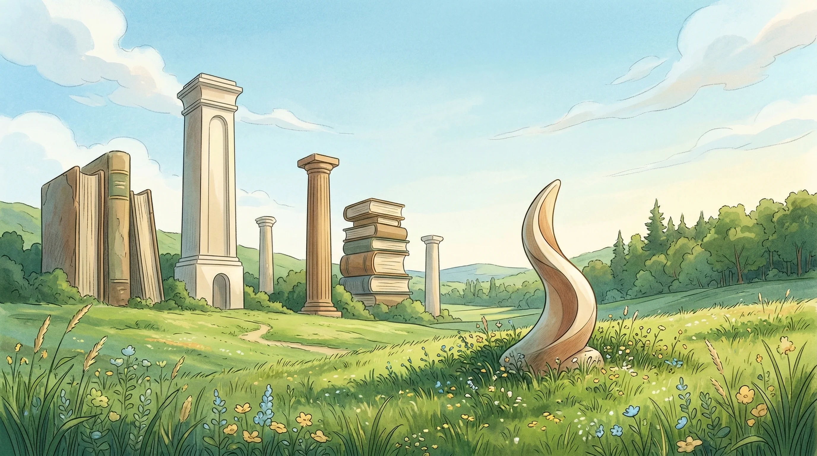 Digital illustration for article section "The Competitive Landscape" in "Small Legal AI Startup Claims Perfect Bar Exam Score vs. ChatGPT" - A serene, minimalist landscape illustrating a competitive legal environment, featuring several tower...