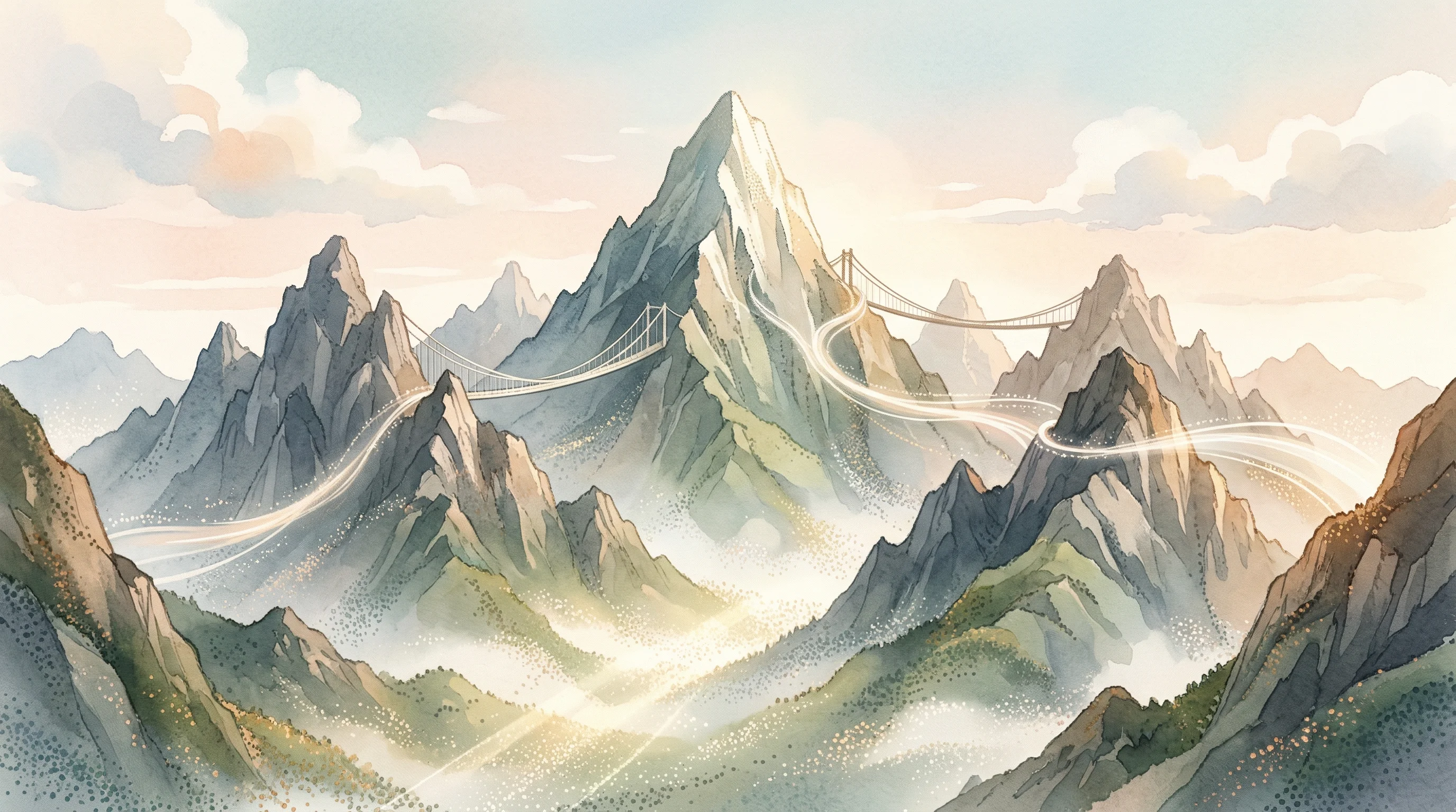 Digital illustration for article section "A Crowded, High-Stakes Battlefield" in "Eridu Raises $200M Series A to Rebuild AI Networking Infrastructure" - A majestic, minimalist landscape symbolizing a crowded, high-stakes competitive arena, featuring a t...