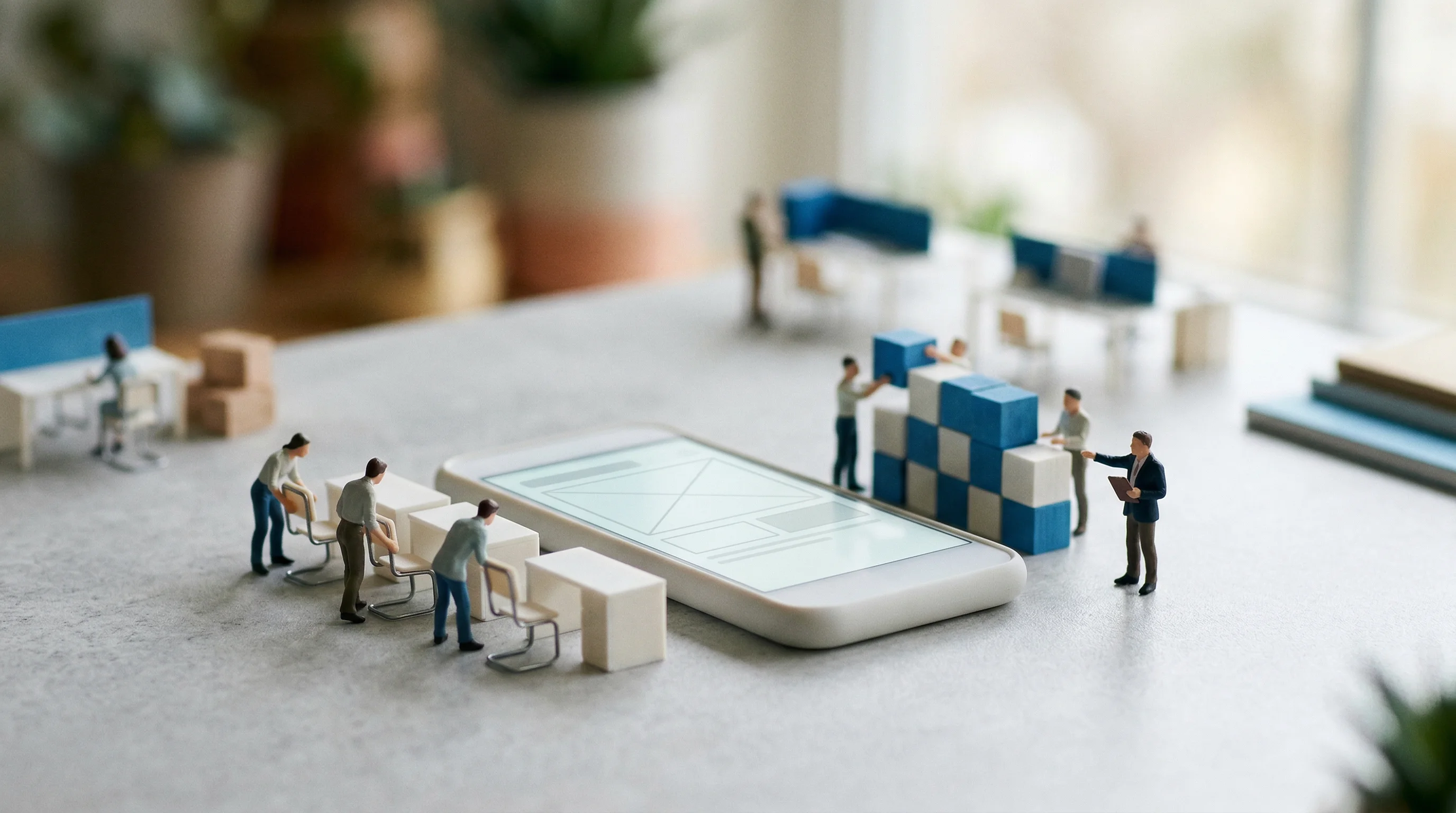 Digital illustration for article section "Hiring Signals" in "YouTube Co-Founder Chad Hurley's Stealth AI Video Startup EyeTell" - A creative miniature macro photography shot using a tilt-shift lens to depict a modern company scali...