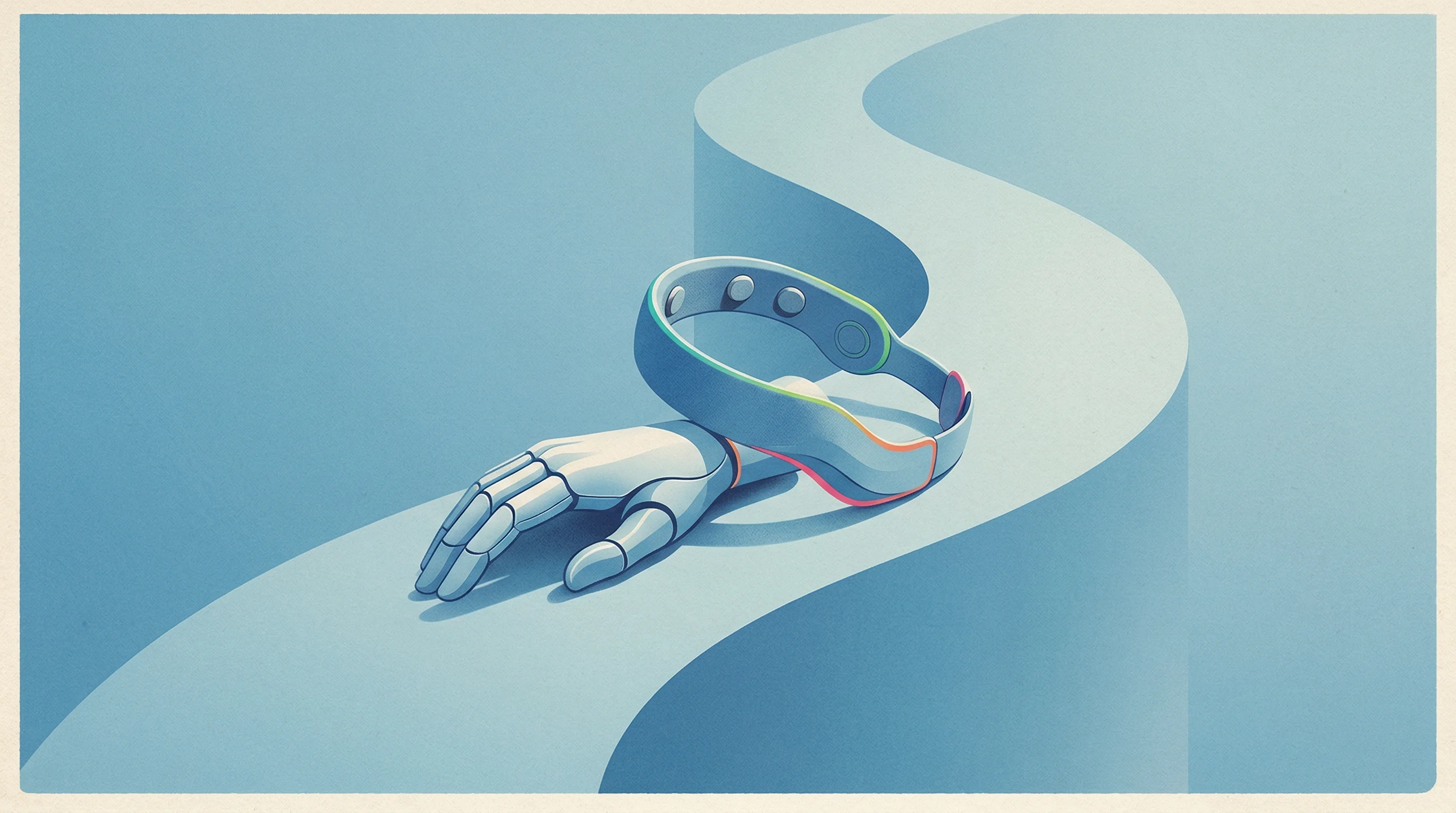 Digital illustration for article section "Portraits from the Field" in "China's BCI Boom: How Brain-Computer Startups Are Racing to Market" - A clean, minimalist, and conceptual composition featuring a sleek, modern neuroprosthetic hand and a...