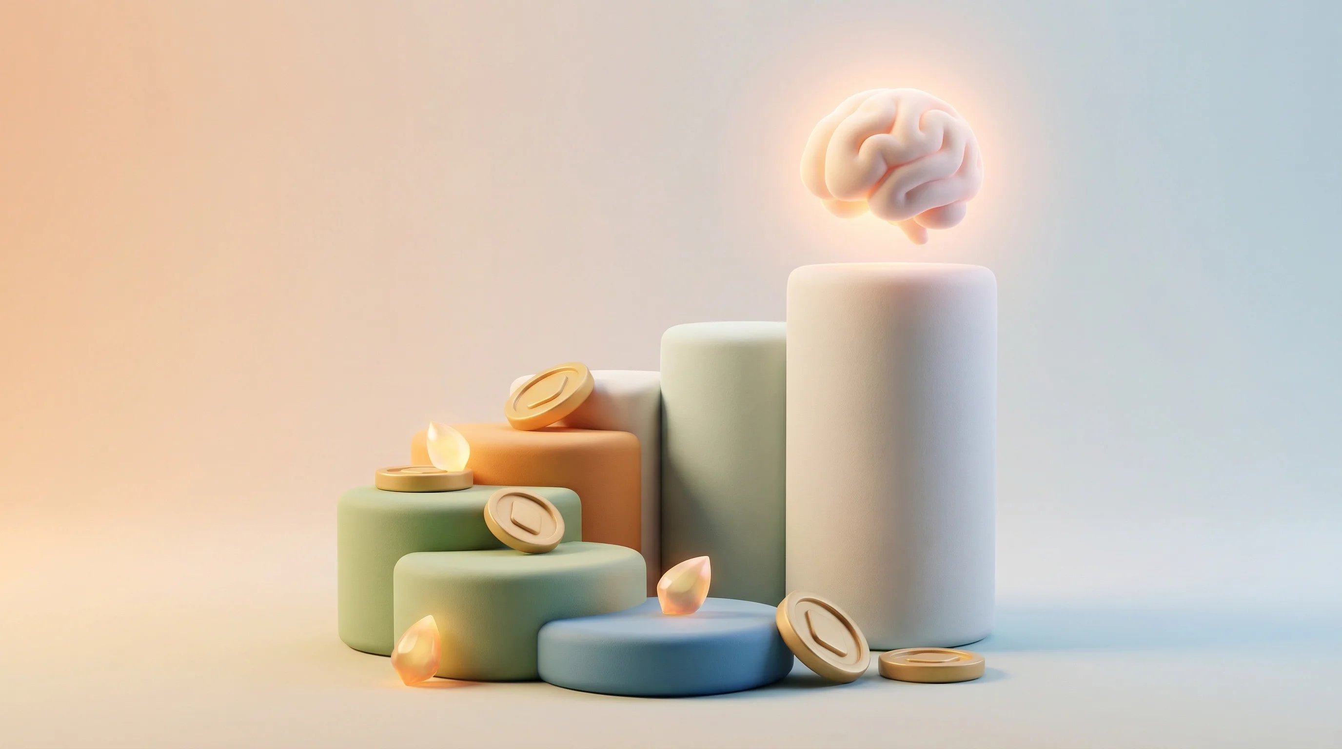 Digital illustration for article section "Content Section 3" in "Gestala Raises $21M in China's Largest Early-Stage BCI Round" - A conceptual 3D illustration representing a growing financial funding landscape in the brain-compute...
