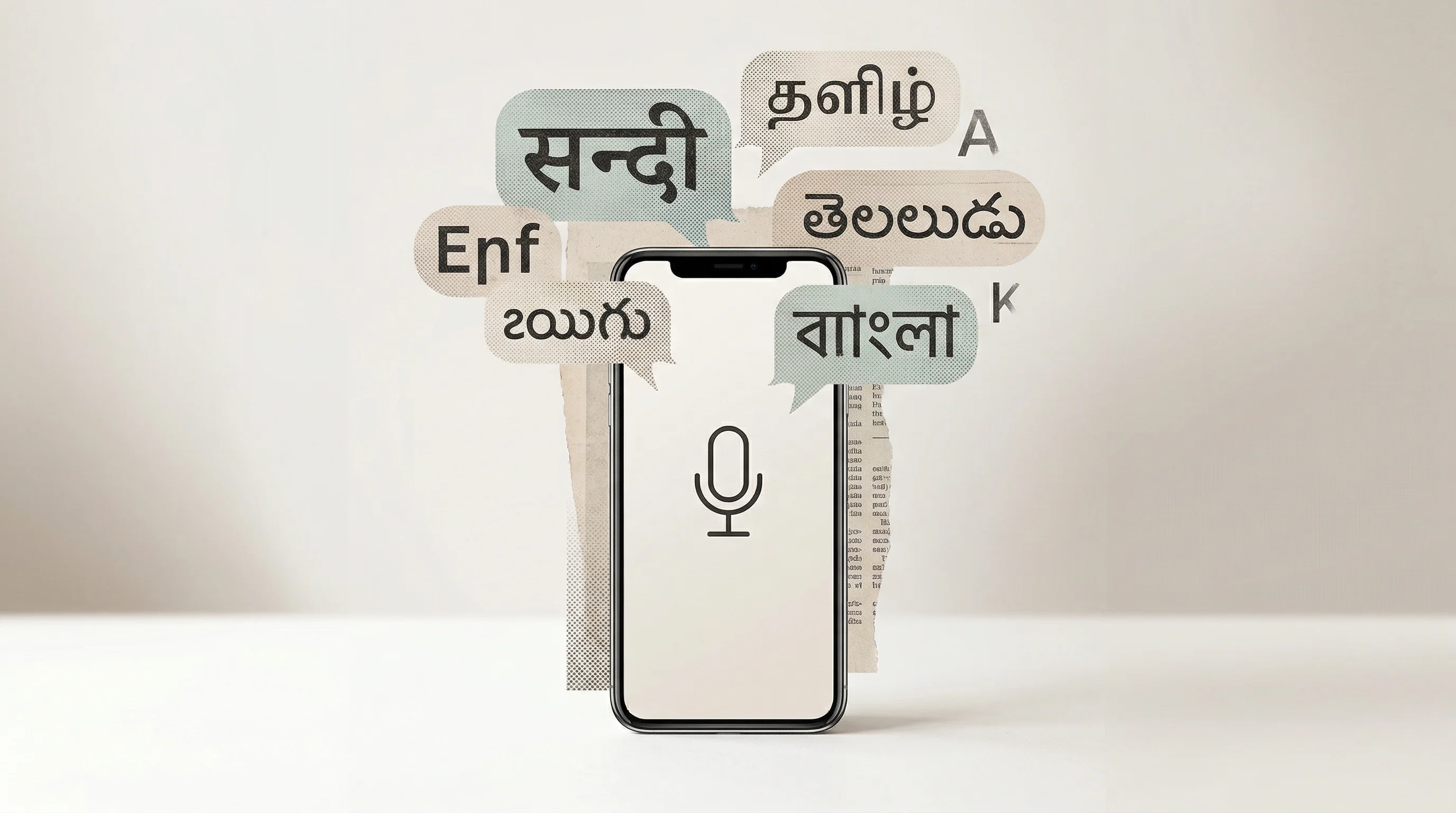 Digital illustration for article section "Twenty-Two Languages, One App" in "Sarvam AI's Indus App Takes on ChatGPT With 105B-Parameter Model" - A clean, minimalist composition featuring a sleek modern smartphone in the center, its screen displa...