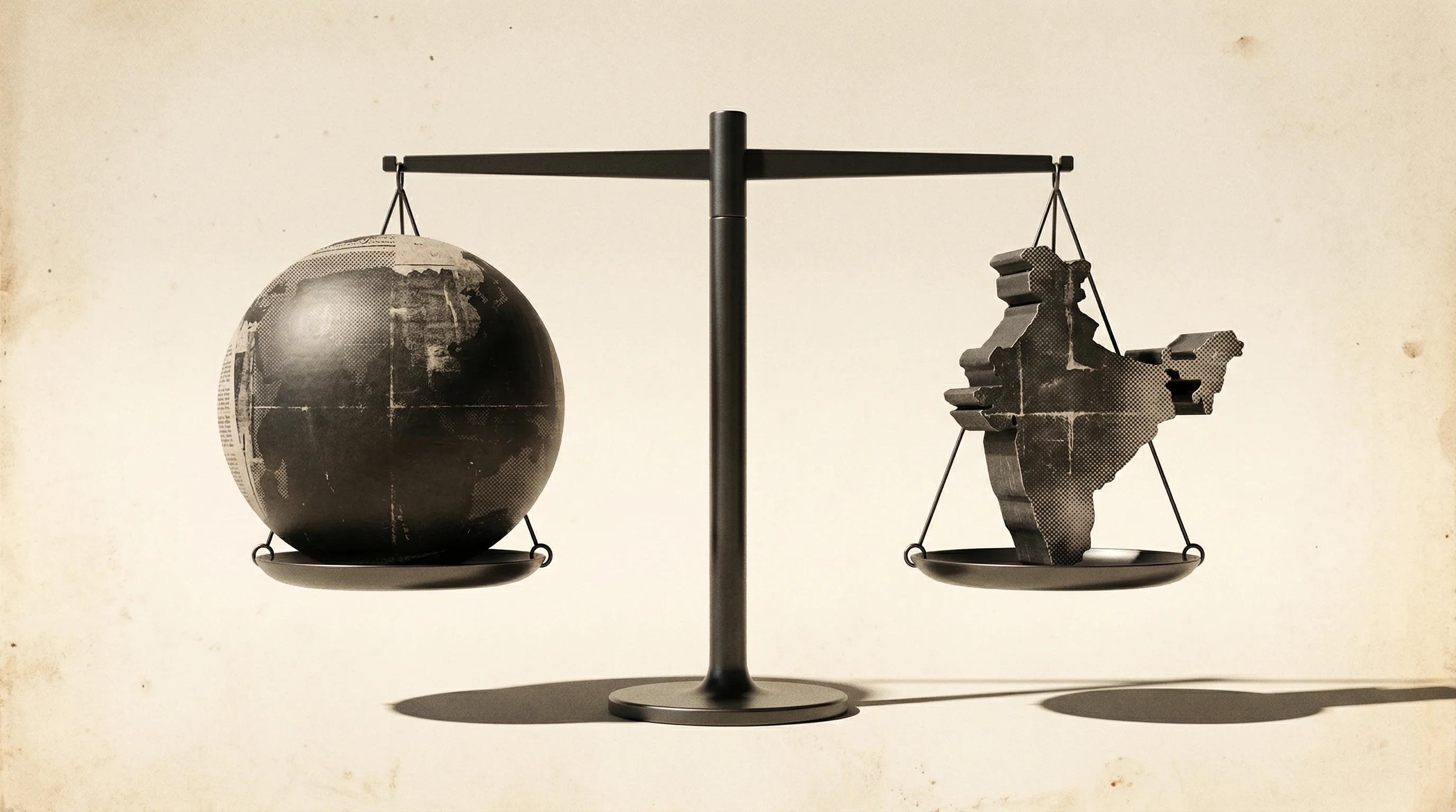 Digital illustration for article section "The Weight of Competition" in "Sarvam AI's Indus App Takes on ChatGPT With 105B-Parameter Model" - A conceptual, minimalist composition symbolizing the heavy weight of global market competition, feat...