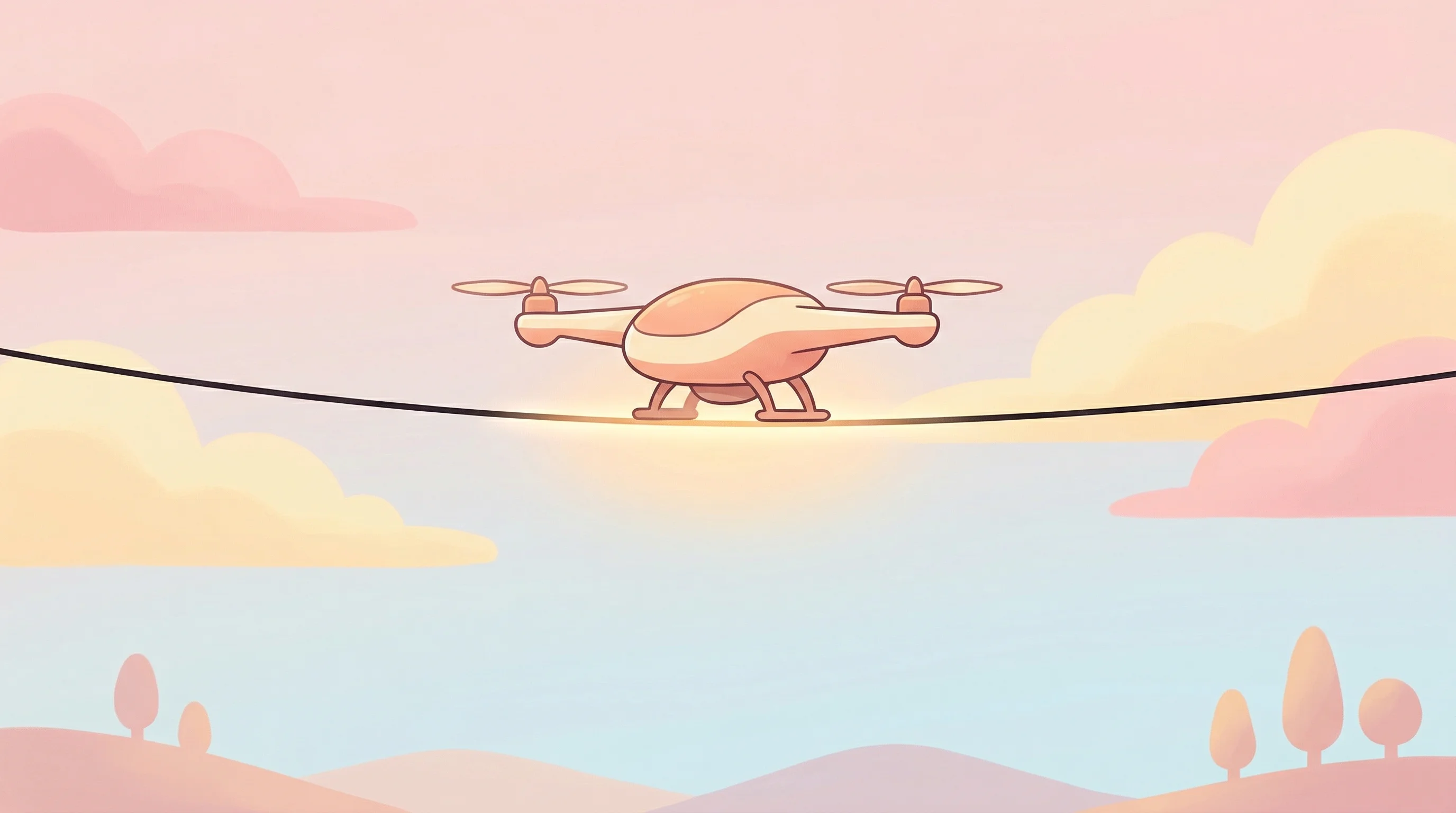 Digital illustration for article section "Charging from the Line Itself" in "How Self-Charging Drones Could Transform Grid Inspections" - A clean, minimalist illustration of a modern drone perched gracefully on a single overhead power lin...