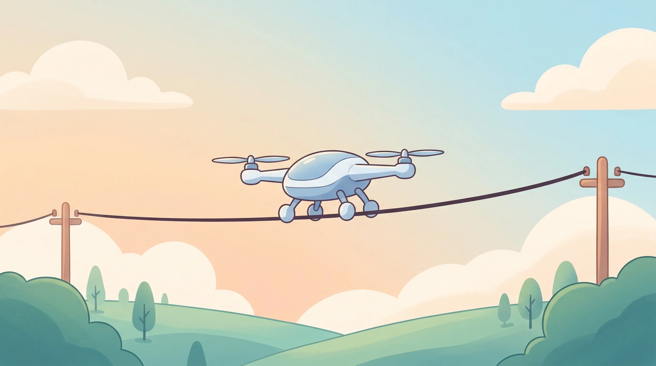 Digital illustration for article section "What Voltair Is Actually Selling" in "How Self-Charging Drones Could Transform Grid Inspections" - A clean, minimalist illustration of a sleek, modern drone perched delicately on a single overhead po...