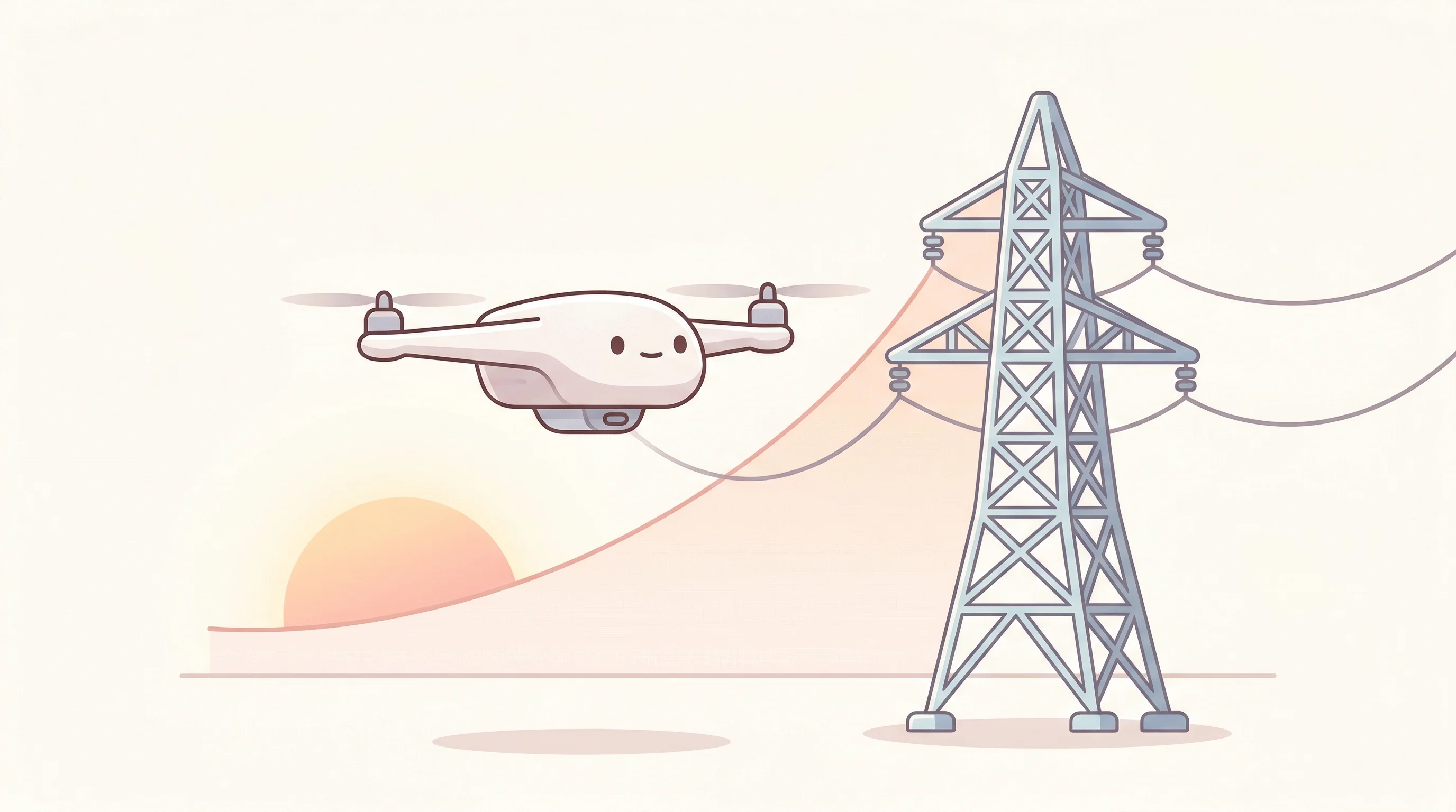 Digital illustration for article section "Market Timing" in "How Self-Charging Drones Could Transform Grid Inspections" - A clean, minimal, and professional conceptual illustration of a modern, autonomous drone hovering pe...