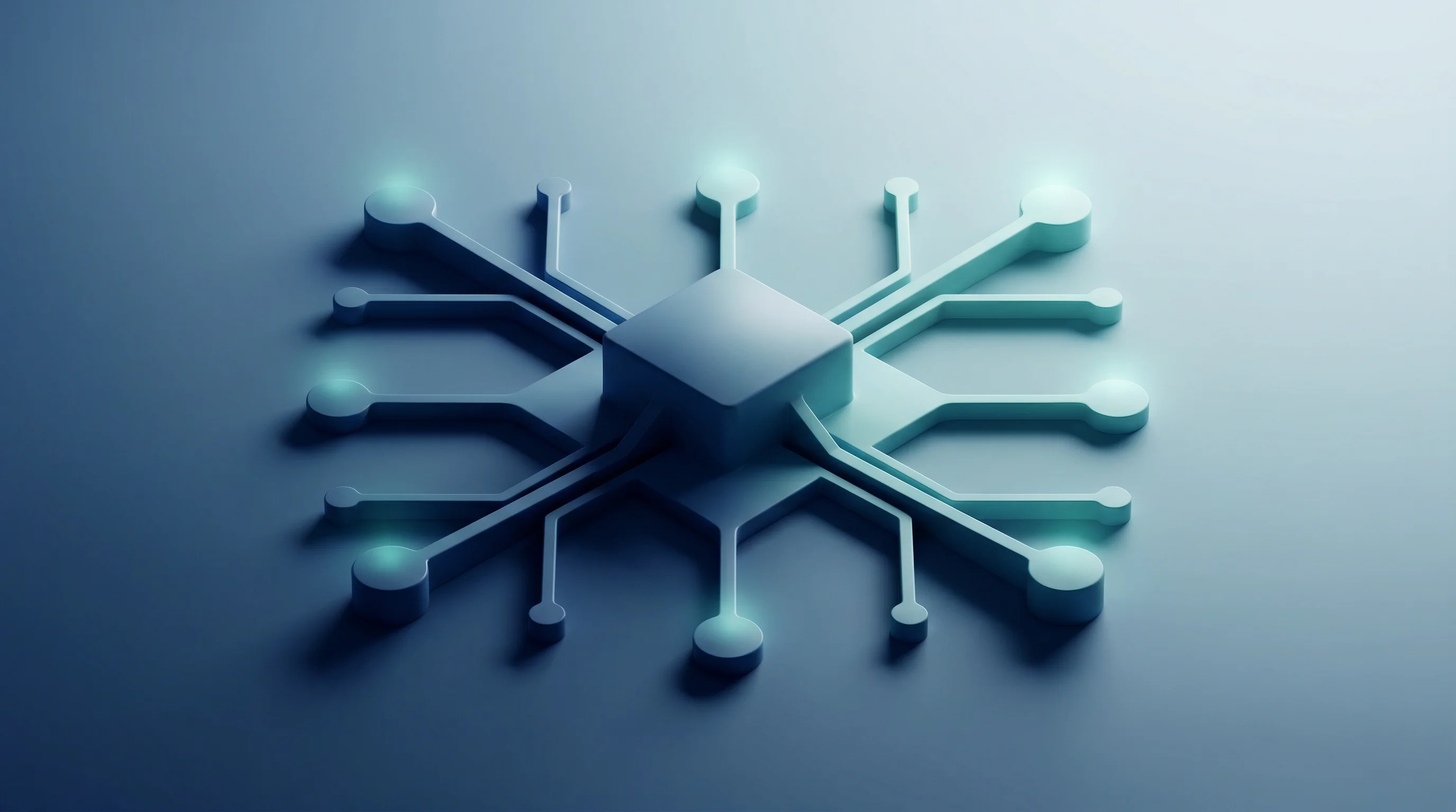 Digital illustration for article section "Content Section 3" in "Plato Raises $14.5M to Build AI Operating System for Distributors" - A conceptual 3D rendering representing organizational scaling and execution, featuring a central, sm...