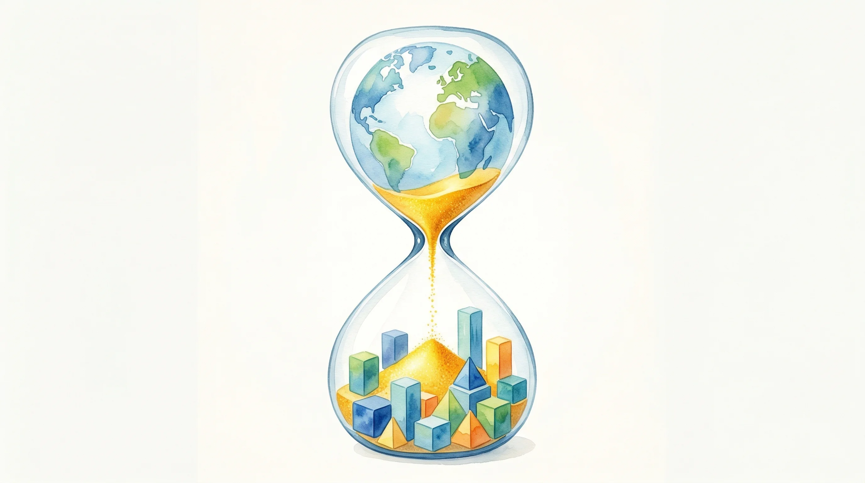 Digital illustration for article section "The Longer Game—and the Counterfactual" in "Yann LeCun's AMI Labs Raises $1B to Prove LLMs Are a 'Dead End'" - A minimalist and conceptual illustration of an elegant, oversized hourglass containing a simplified,...