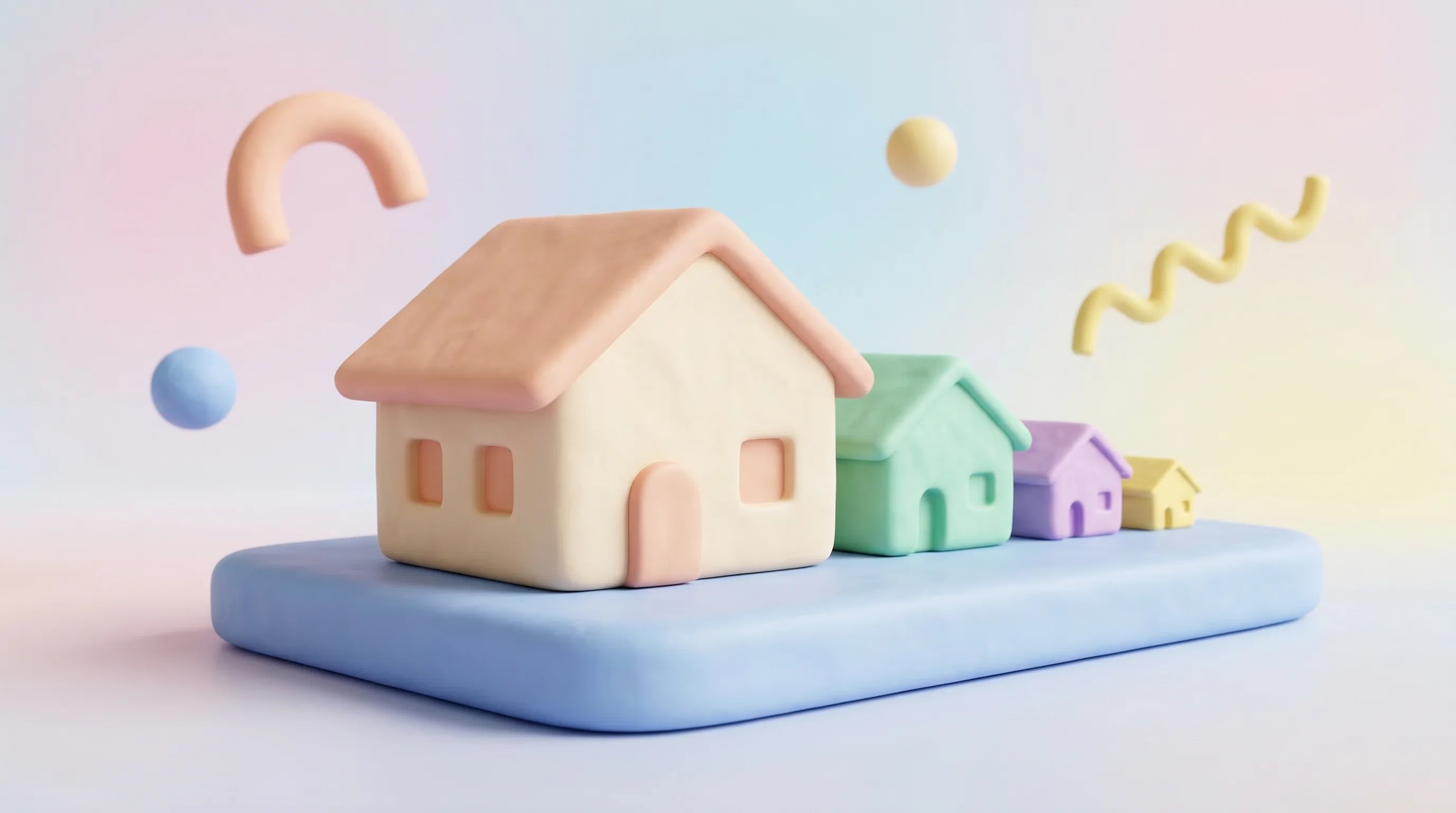 Digital illustration for article section "Operators Building for Operators" in "Qurrent Raises $15M Series A for AI-Powered Digital Workforces" - A minimalist 3D clay rendering of a modern single-family home resting on a smooth, elevated platform...