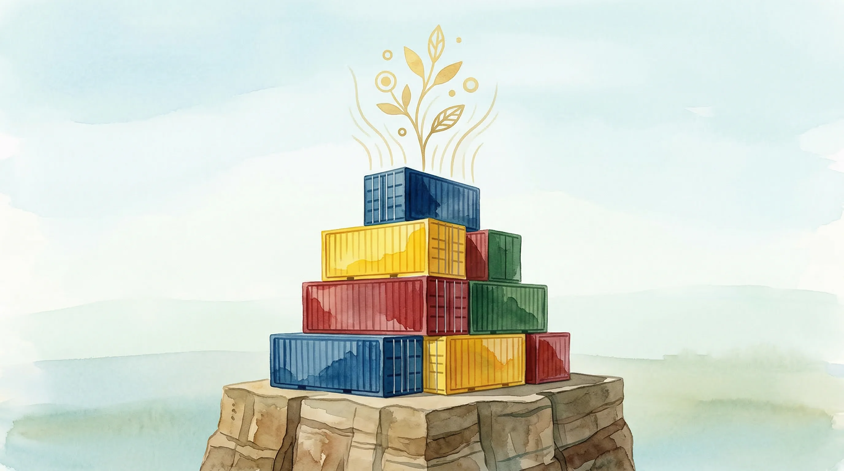 Digital illustration for article section "Content Section 3" in "BackOps AI Secures $26M Series A for Supply Chain Intelligence" - A clean, minimalist conceptual illustration of a sturdy stack of stylized shipping containers restin...