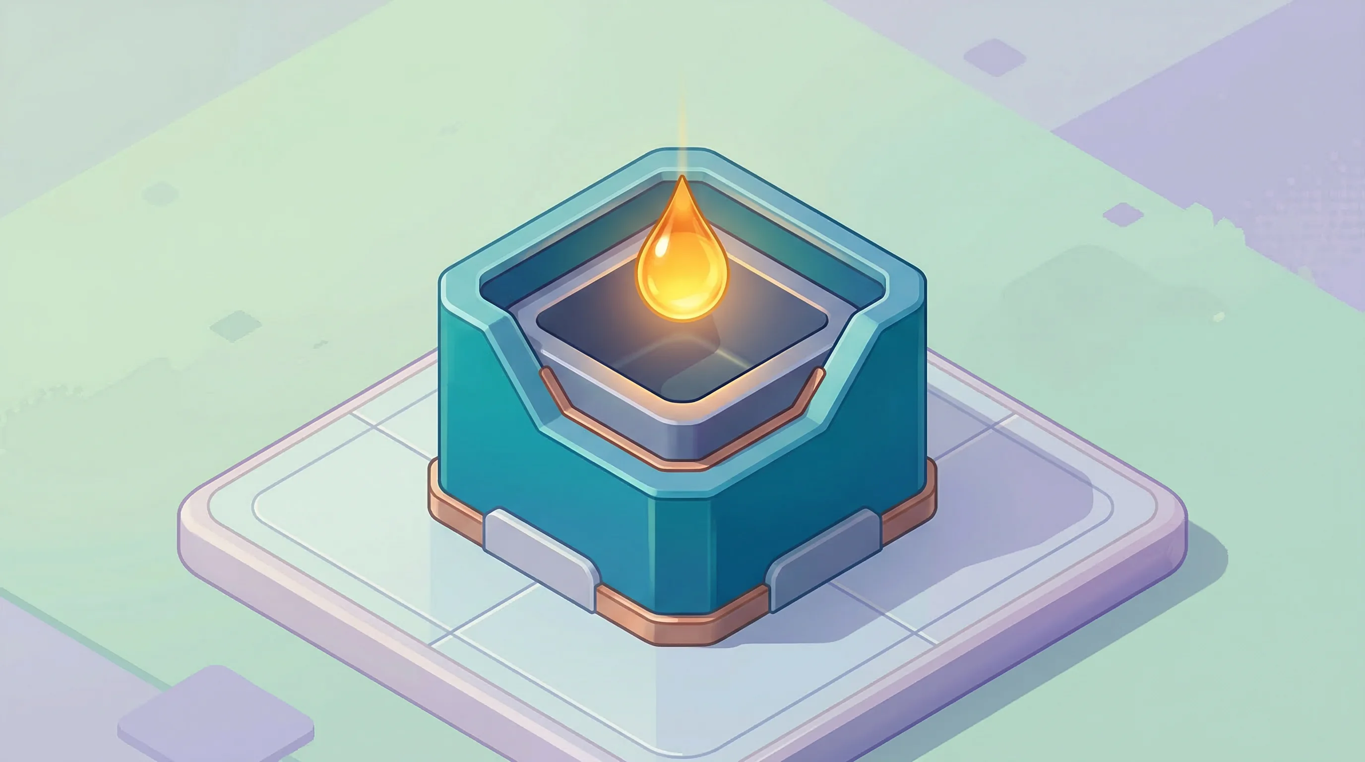 Digital illustration for article section "Naphtha Displacement as the Prize" in "PolyCycl Raises Series A to Scale Plastic Waste Recycling Technology" - A clean, minimalist top-down isometric view of a sleek, modern industrial chemical receptacle, symbo...