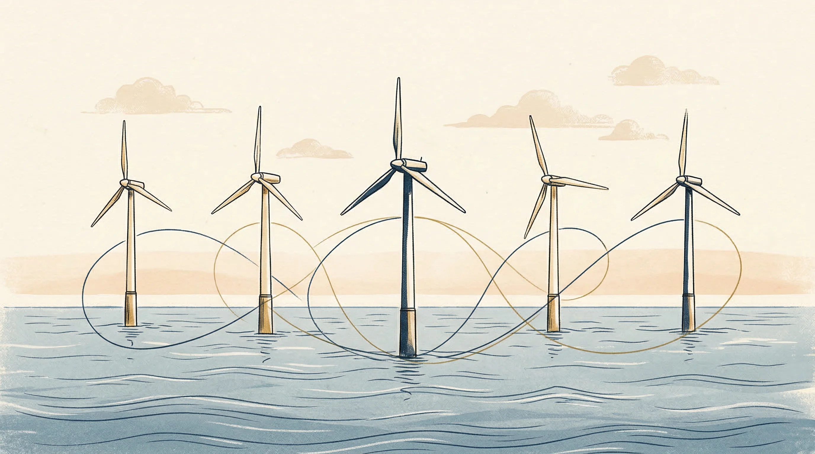 Digital illustration for article section "Blue-Chip Believers" in "Kinewell Raises £750K Seed to Scale Offshore Wind AI After King's Award" - A minimalist and elegant illustration of majestic offshore wind turbines standing gracefully in calm...