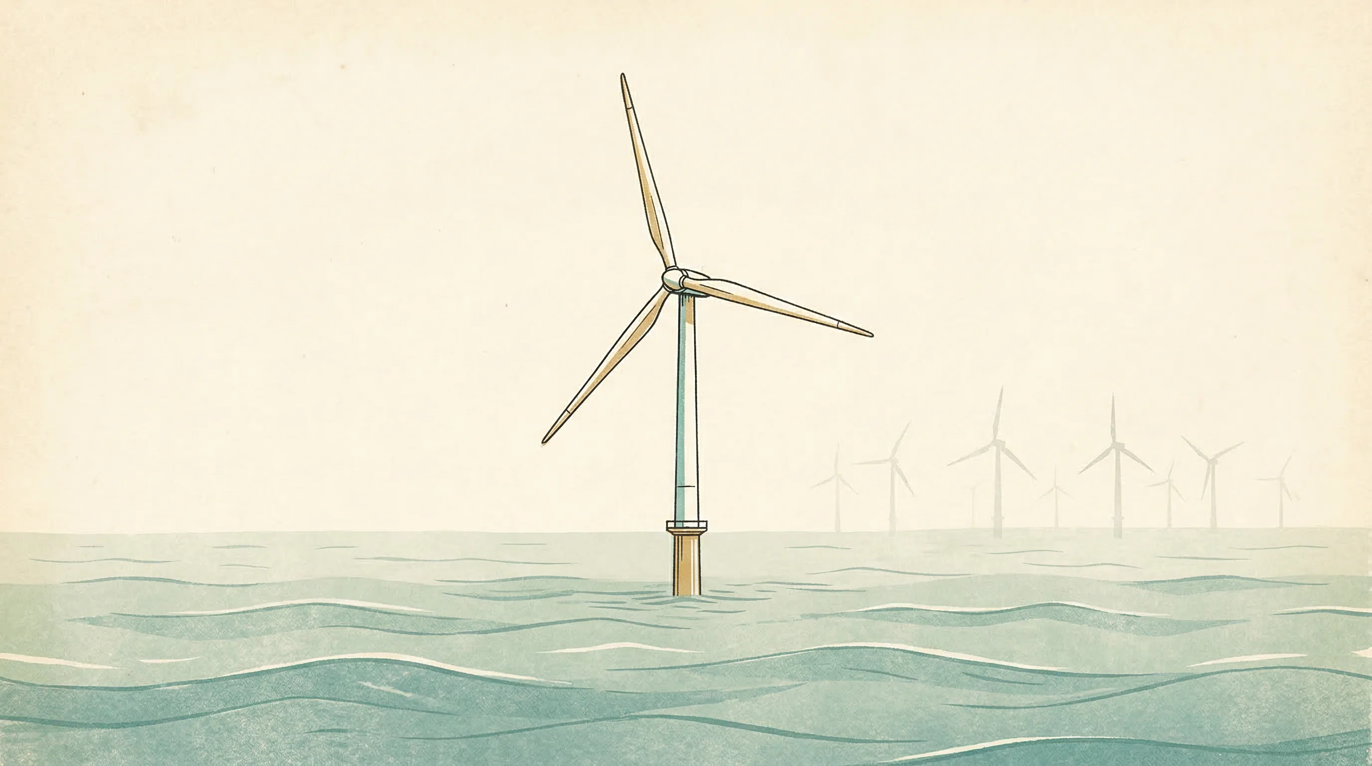 Digital illustration for article section "What Comes Next" in "Kinewell Raises £750K Seed to Scale Offshore Wind AI After King's Award" - A clean, minimal illustration of a single, elegant offshore wind turbine standing tall in a calm, ex...