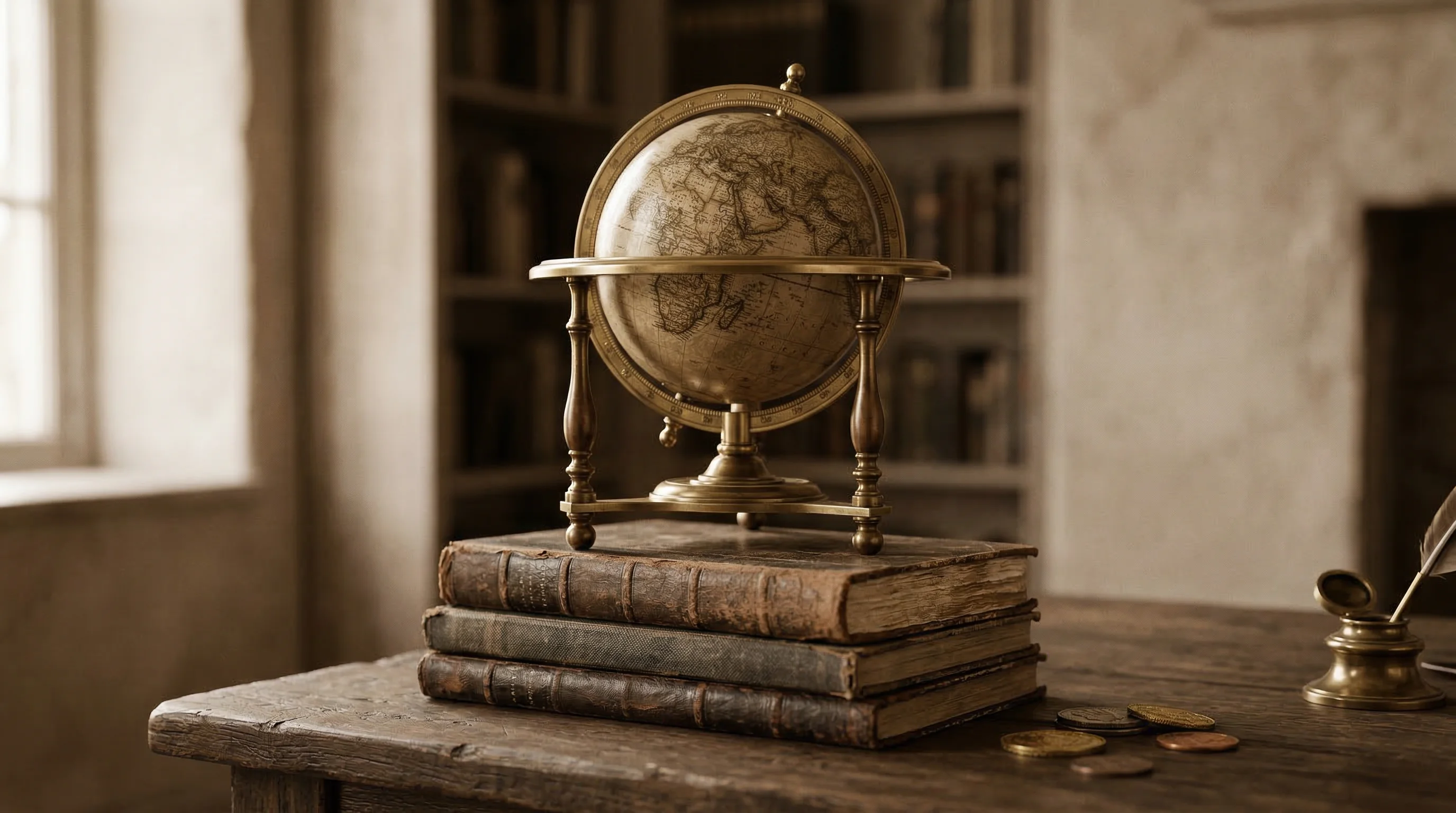 Digital illustration for article section "The Funding Frenzy" in "Emergent Doubles ARR to $100M in One Month After Mobile App Launch" - A clean, minimalist composition featuring a beautifully crafted, ornate antique globe resting atop a...