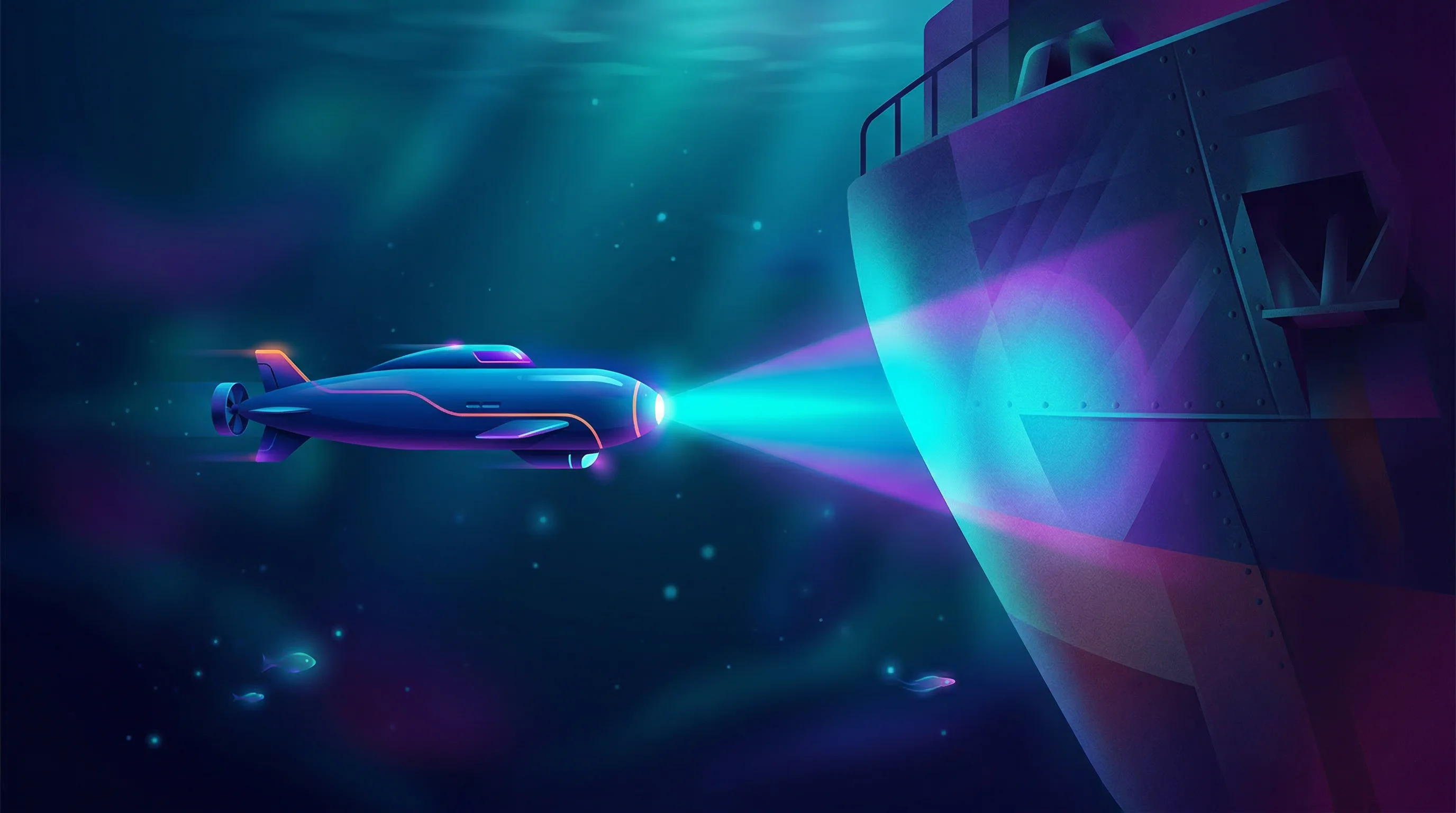 Digital illustration for article section "Where It Might Actually Work" in "India's First Amphibious Drone Flies and Dives for Defense, Environment" - A sleek, modern autonomous underwater vehicle silently gliding through a deep oceanic environment, c...
