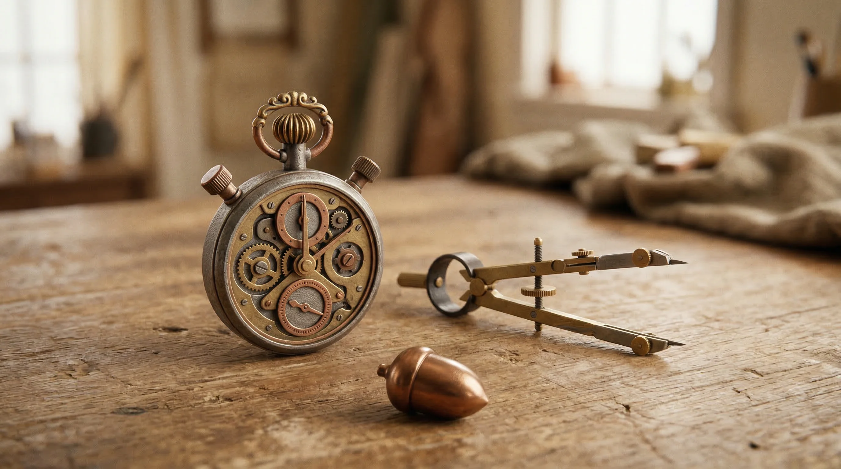 Digital illustration for article section "Timing and Competition" in "QuiverAI Launches Arrow 1.0: AI-Native SVG Generation Tool Goes Public" - A clean, minimal composition featuring a beautifully crafted, stylized mechanical stopwatch resting ...