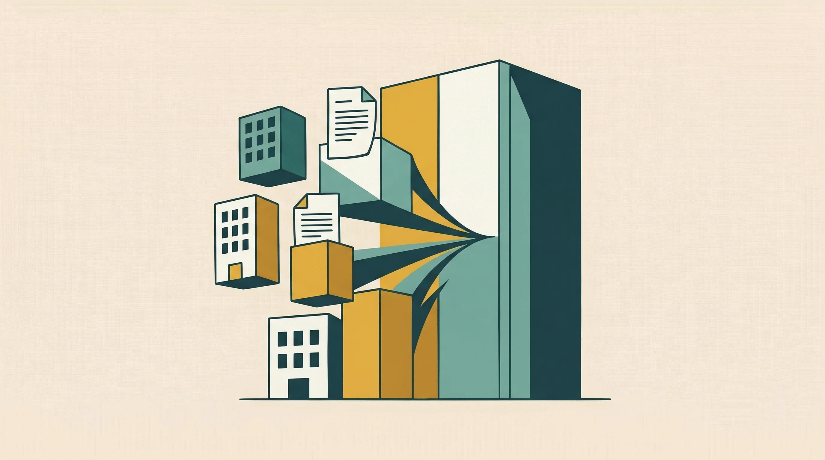 Digital illustration for article section "The Uncomfortable Consolidation Question" in "Vertical AI Agents Hit $15B+ Valuations Across Legal, Health, Finance" - A conceptual and minimalist illustration representing corporate consolidation in the legal sector, f...
