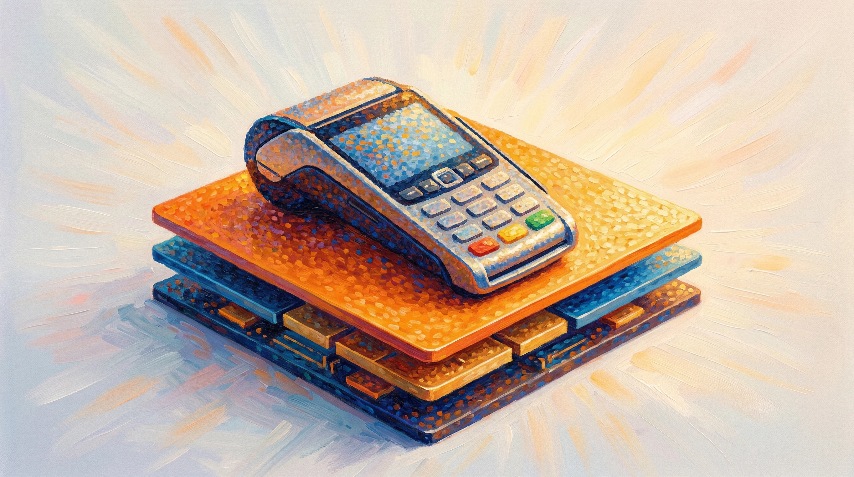 Digital illustration for article section "The Compliance Layer Nobody Sees" in "The Invisible Insurance Boom: How Embedded Coverage Is Reshaping Checkout" - A clean, minimalist conceptual representation of a modern retail point-of-sale terminal resting grac...