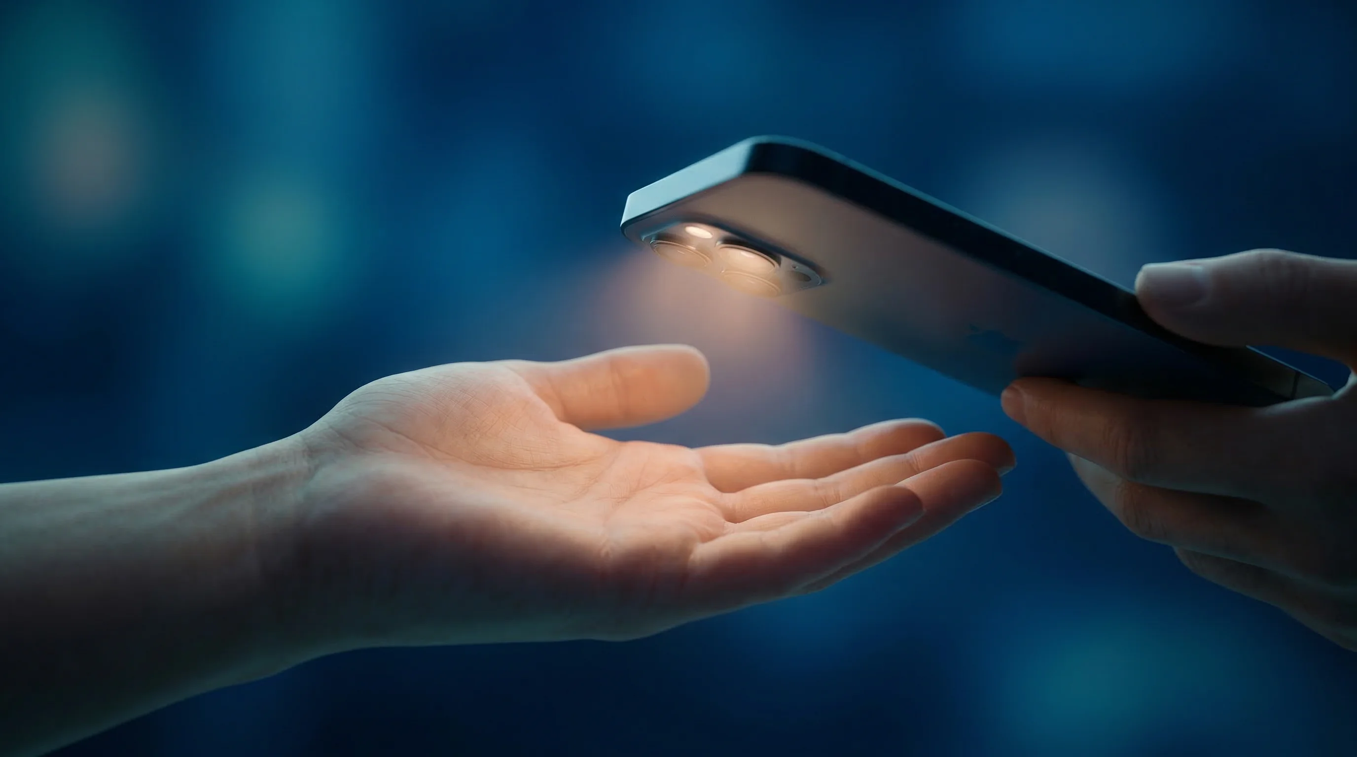 Digital illustration for article section "Two Layers, No Hardware" in "Palm Biometrics Meets AI: VeryAI's Dual Defense Against Deepfake Fraud" - A clean, minimalist composition focusing on a standard modern smartphone camera scanning an open hum...