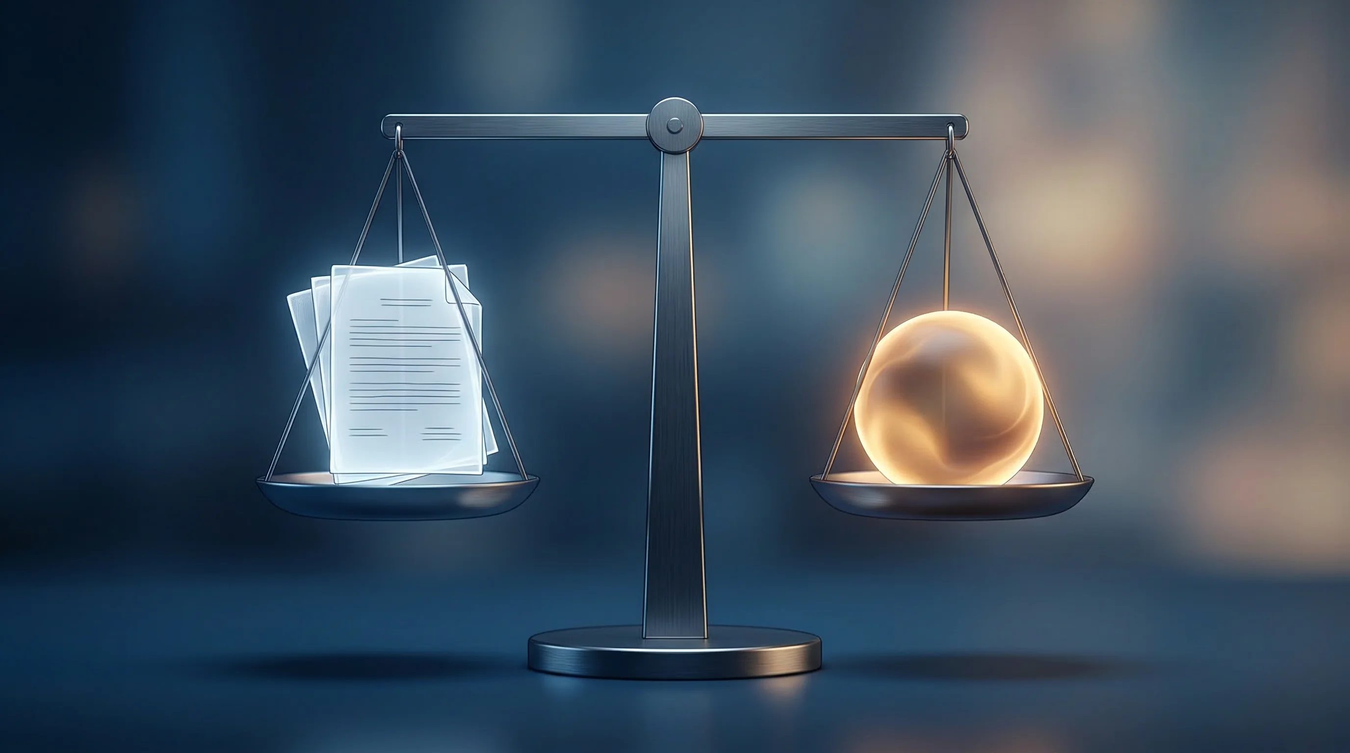 Digital illustration for article section "Regulatory Tailwinds and Headwinds" in "Palm Biometrics Meets AI: VeryAI's Dual Defense Against Deepfake Fraud" - A sleek, modern, minimalist balance scale stands as the central focal point against a soft, unclutte...