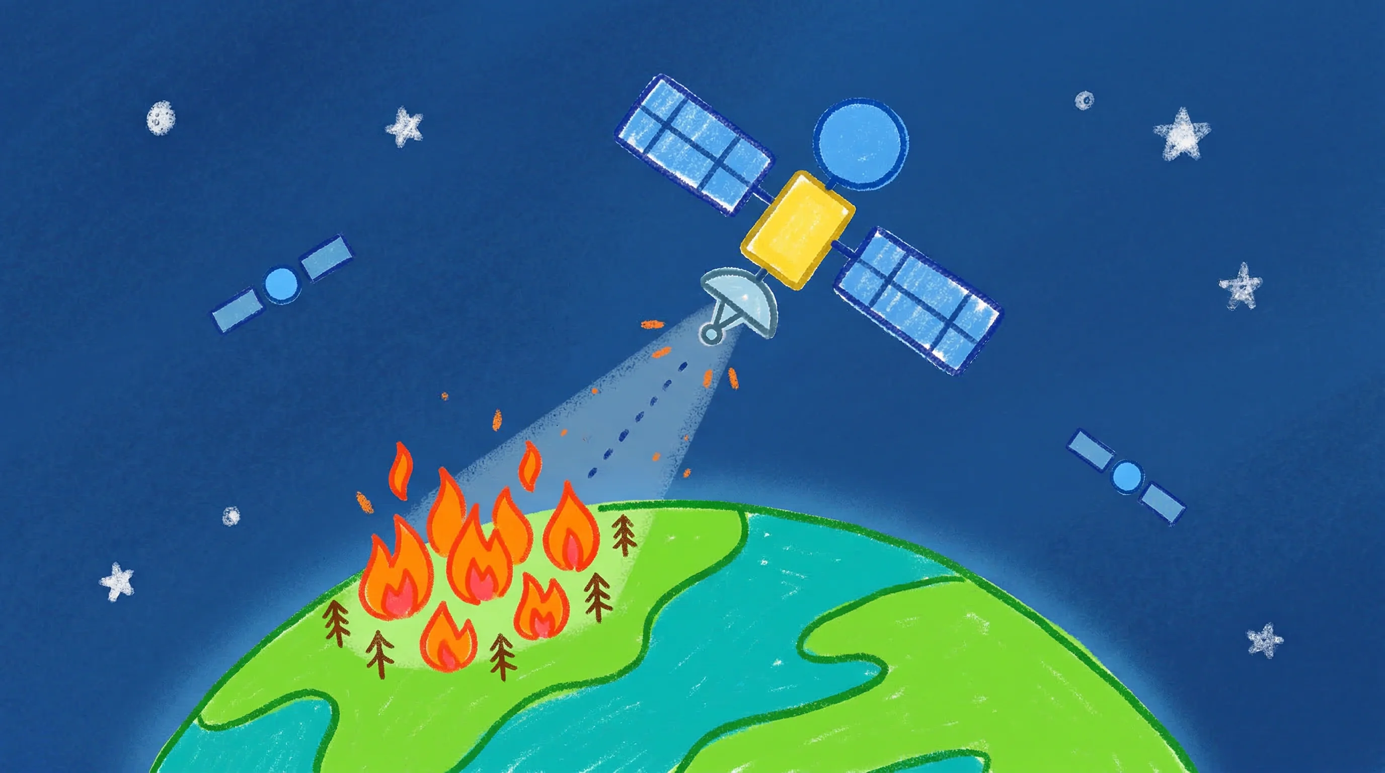 Digital illustration for article section "Satellites Join the Fight" in "The Wildfire Tech Revolution: AI, Satellites Race Against Climate" - A minimalist, conceptual illustration of a simple, stylized satellite in orbit detecting a bright or...