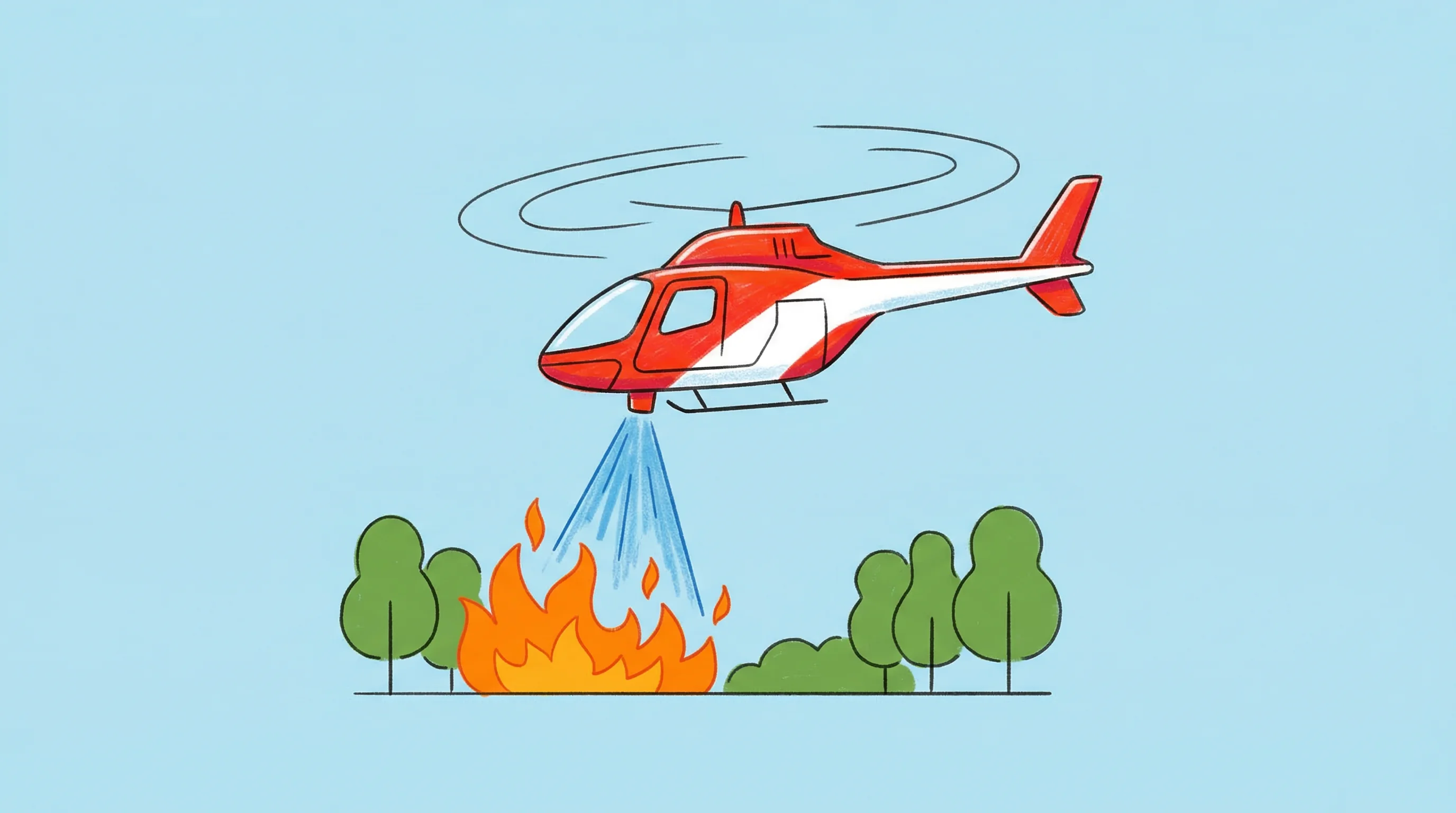 Digital illustration for article section "Machines That Fight Back" in "The Wildfire Tech Revolution: AI, Satellites Race Against Climate" - A minimalist, stylized illustration of an autonomous firefighting helicopter hovering above a small,...