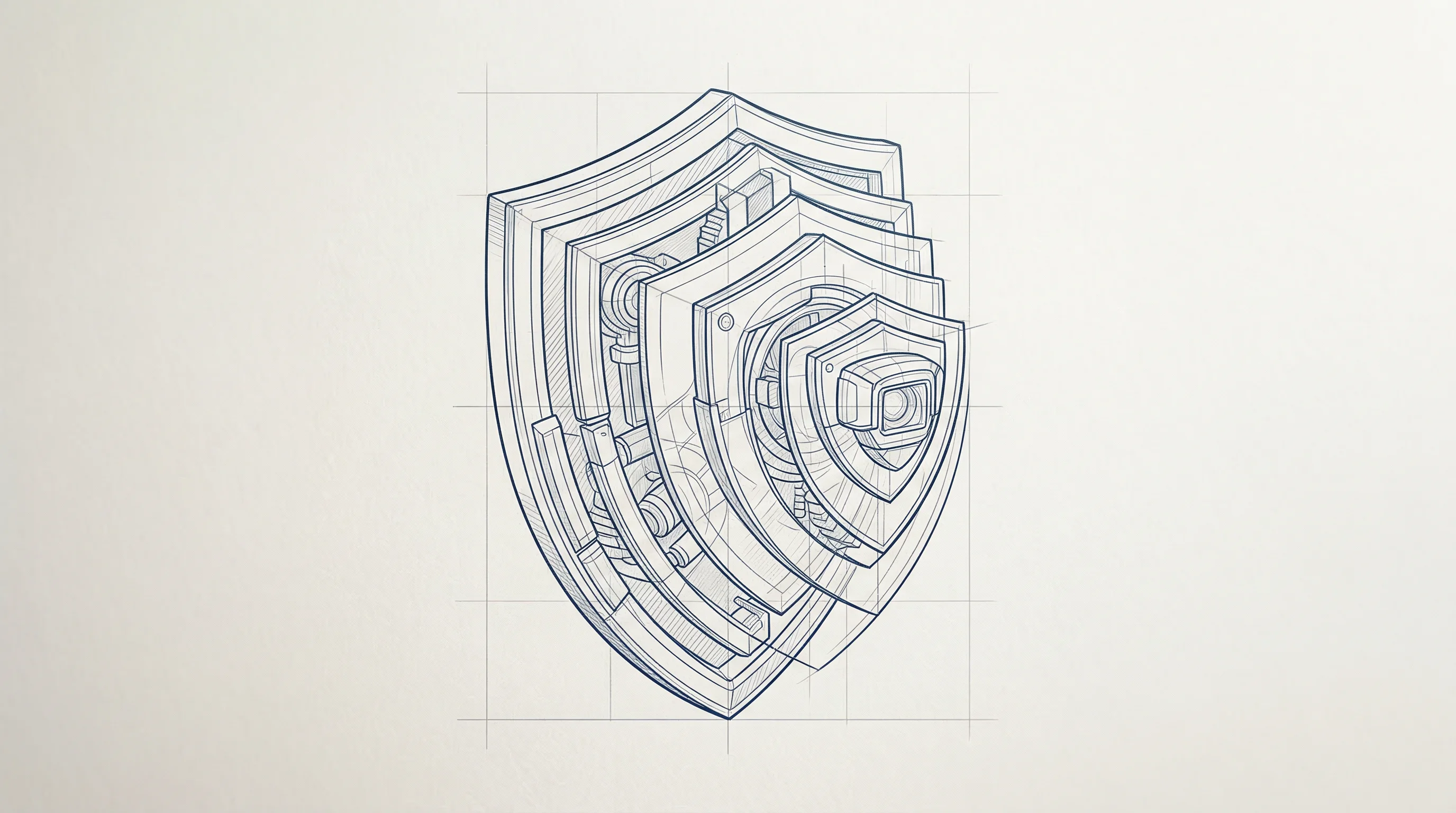 Digital illustration for article section "Security Agents That Never Sleep" in "Inside YC's AI Agent Gold Rush: 70 Startups Bet on Autonomous Software" - A clean, minimalist technical blueprint of an abstract autonomous security sentinel representing con...