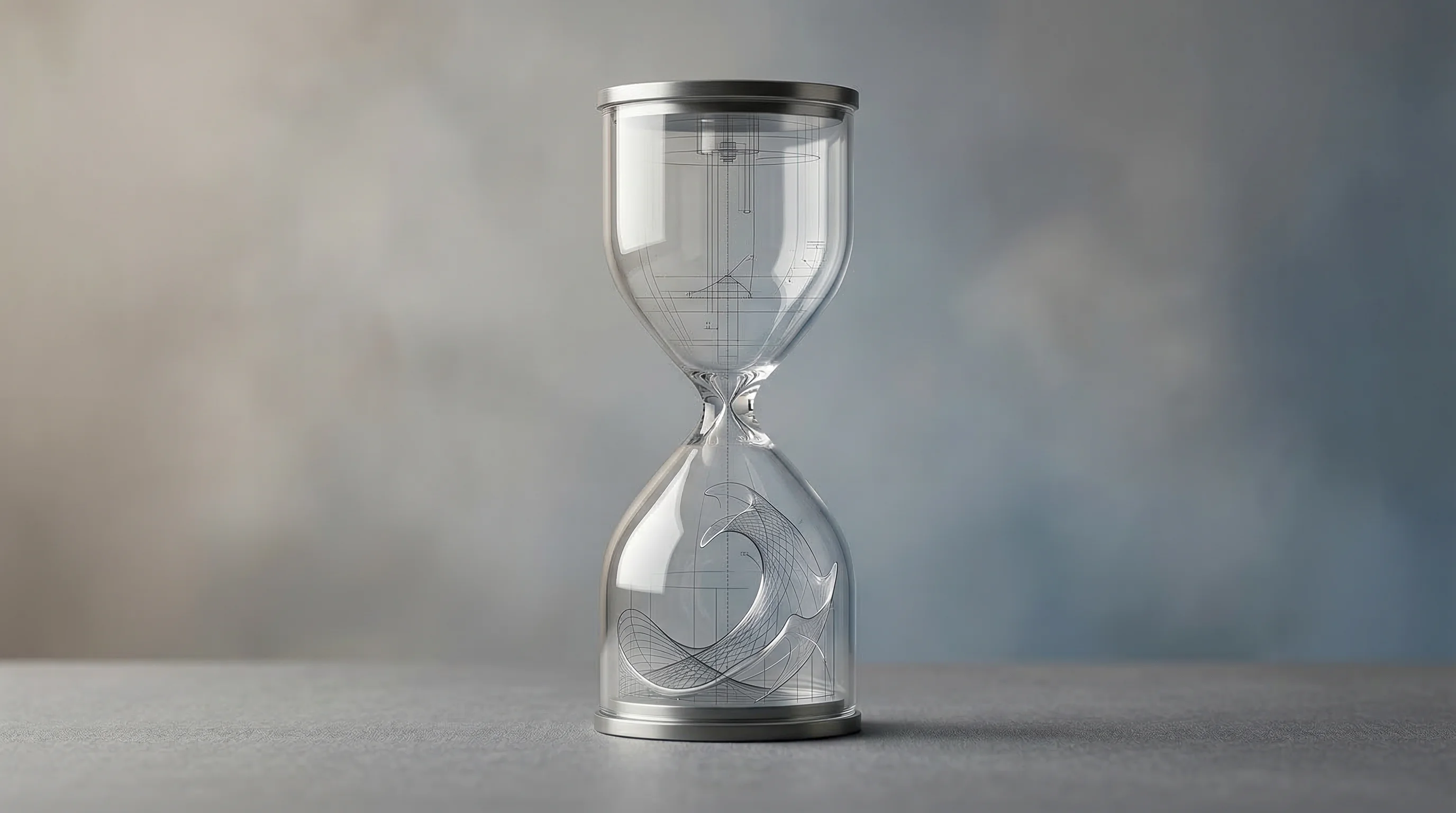 Digital illustration for article section "Too Early or Right on Time?" in "Inside YC's AI Agent Gold Rush: 70 Startups Bet on Autonomous Software" - A minimalist and conceptual representation of a sleek, modern hourglass or precise timing apparatus,...