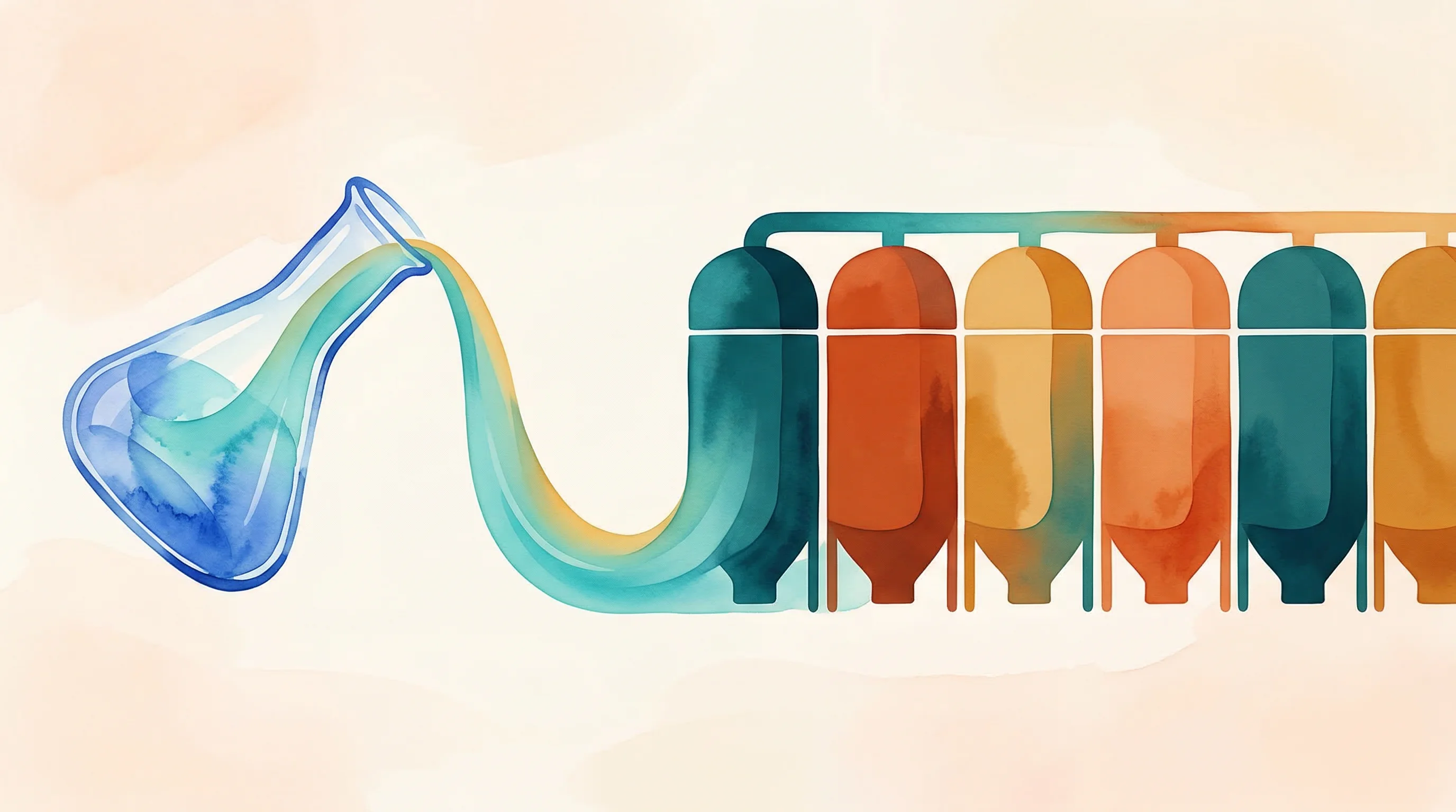 Digital illustration for article section "Proving It at Scale" in "AmpliSi Raises £2M to Scale Sustainable Silicon Battery Anodes" - A clean, minimal conceptual illustration capturing the leap from laboratory synthesis to massive ind...