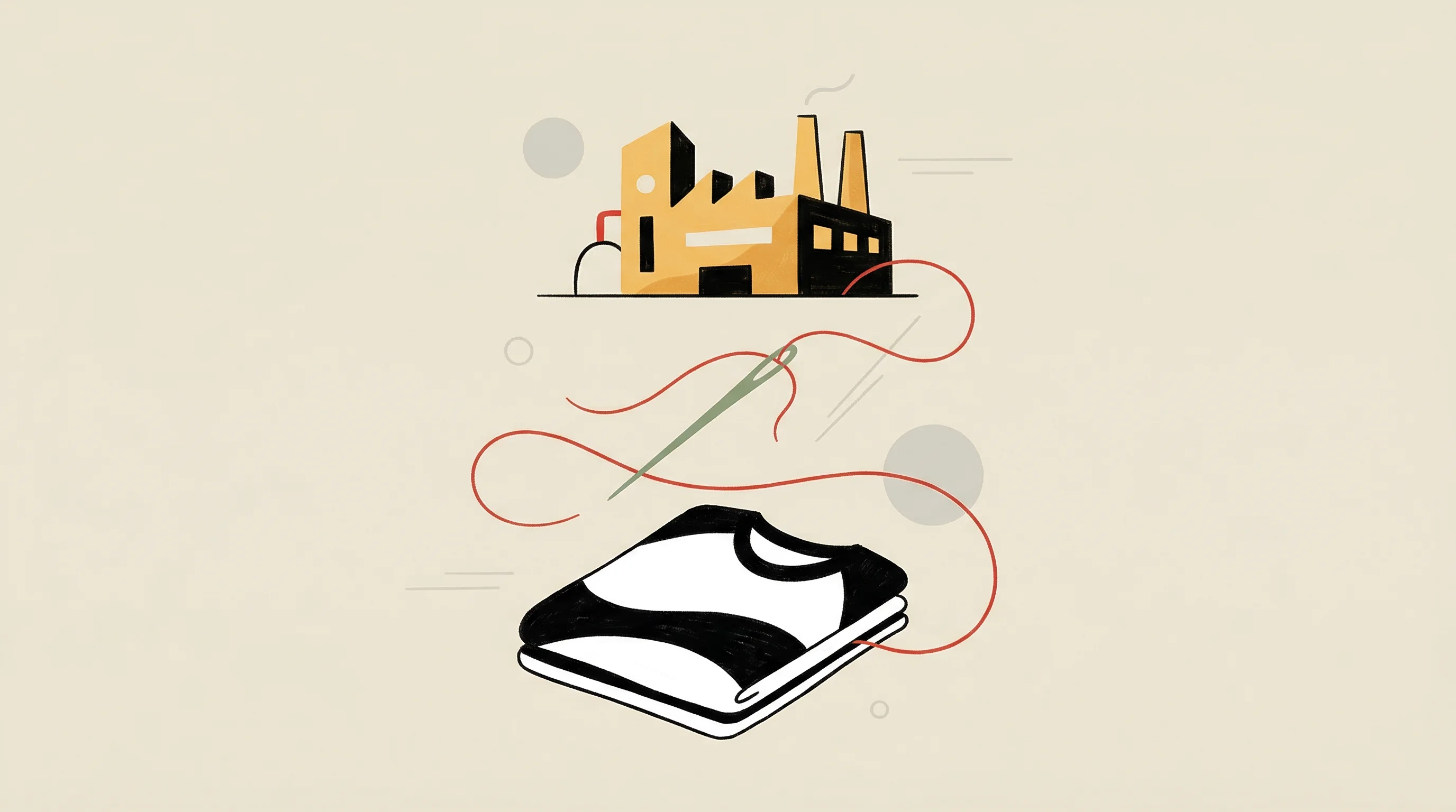 Digital illustration for article section "Content Section 2" in "Bonkers Corner Lands $10.5M Series A After Shark Tank Deal" - A warm minimalist illustration depicting the concept of vertical integration in apparel manufacturin...