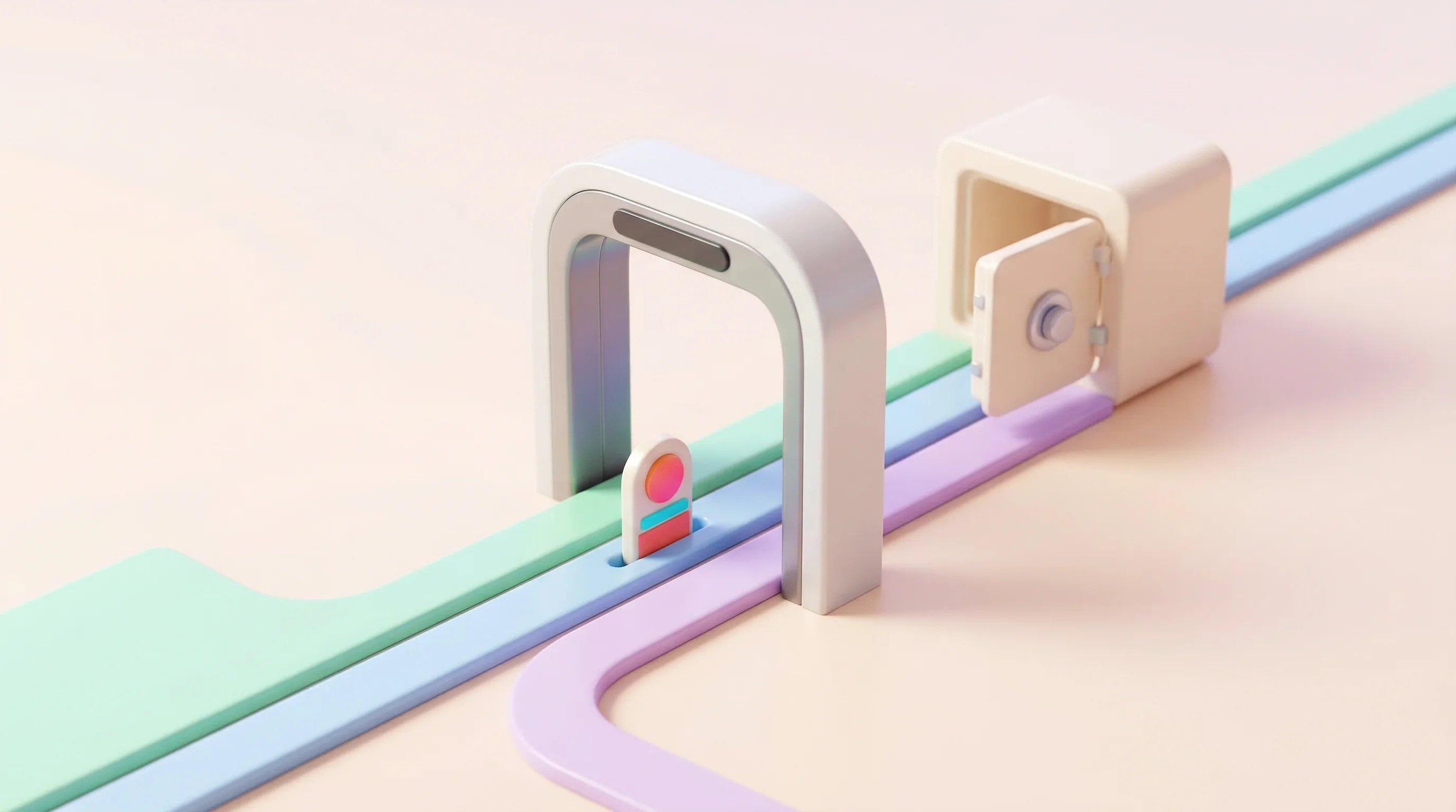 Digital illustration for article section "Under the Hood" in "OneCLI: Open-Source Credential Vault for AI Agents Built in Rust" - A clean, minimalist 3D cartoon miniature model of an abstract security gateway, representing an "und...