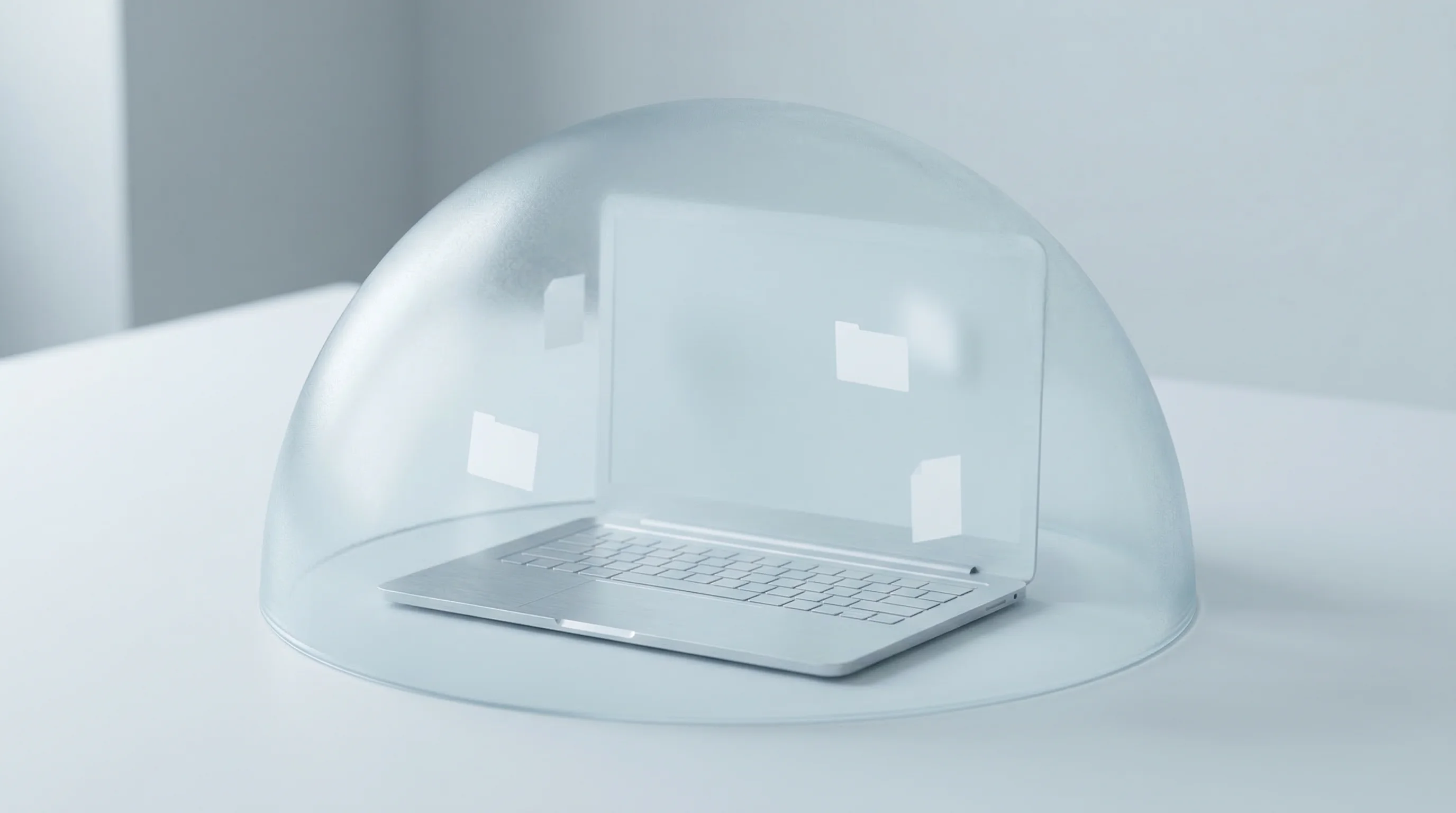 Digital illustration for article section "Privacy First, macOS Only" in "Understudy Launches One-Shot Desktop AI Agent You Train by Showing" - A sleek, minimalist brushed silver laptop resting elegantly on a pristine, uncluttered surface, comp...
