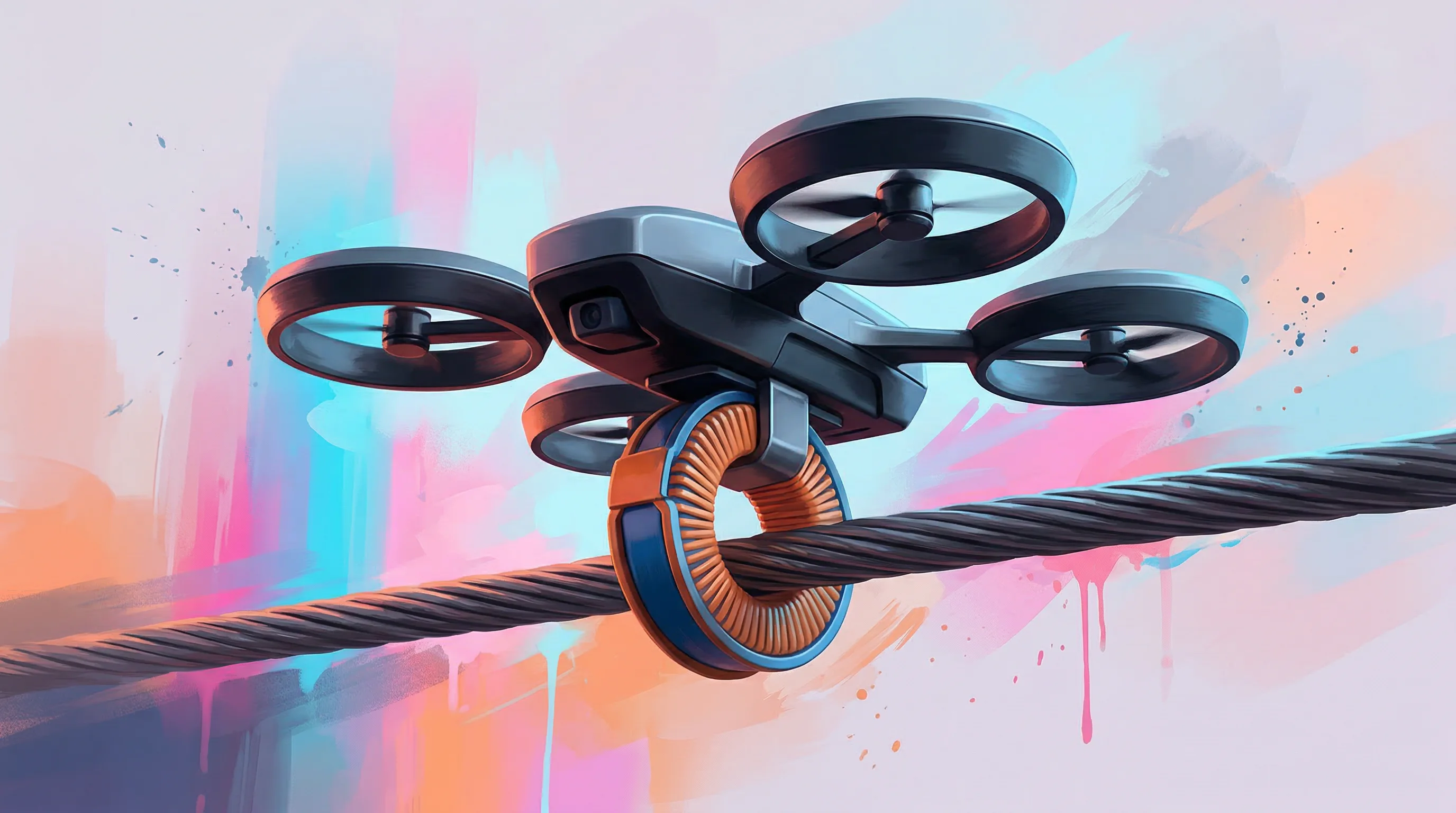 Digital illustration for article section "The Science Is Real. The Deployment Isn't." in "Voltair's Drones Charge on Power Lines for Infinite Range" - A sleek, modern autonomous drone hovering directly above a thick, industrial power line, featuring a...